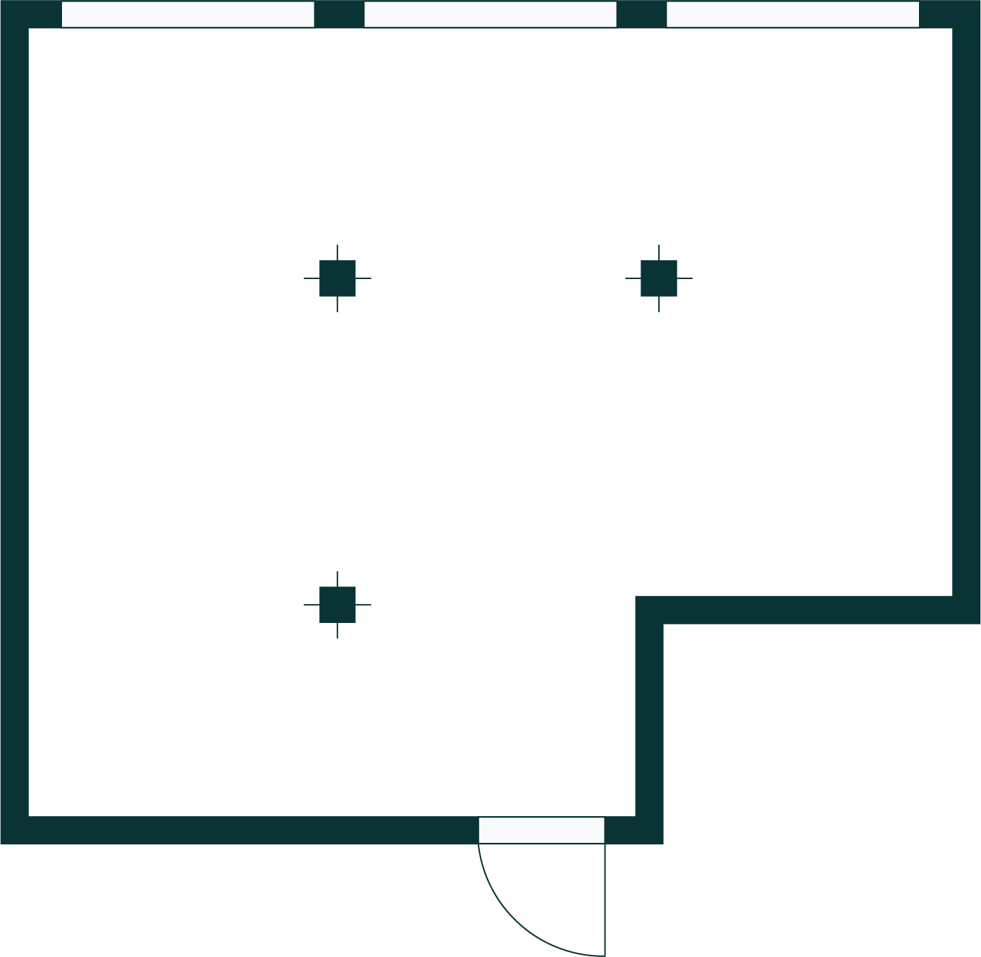 Floor plan layout of a room with three beds, one on top and two on the bottom, and a doorway at the bottom.