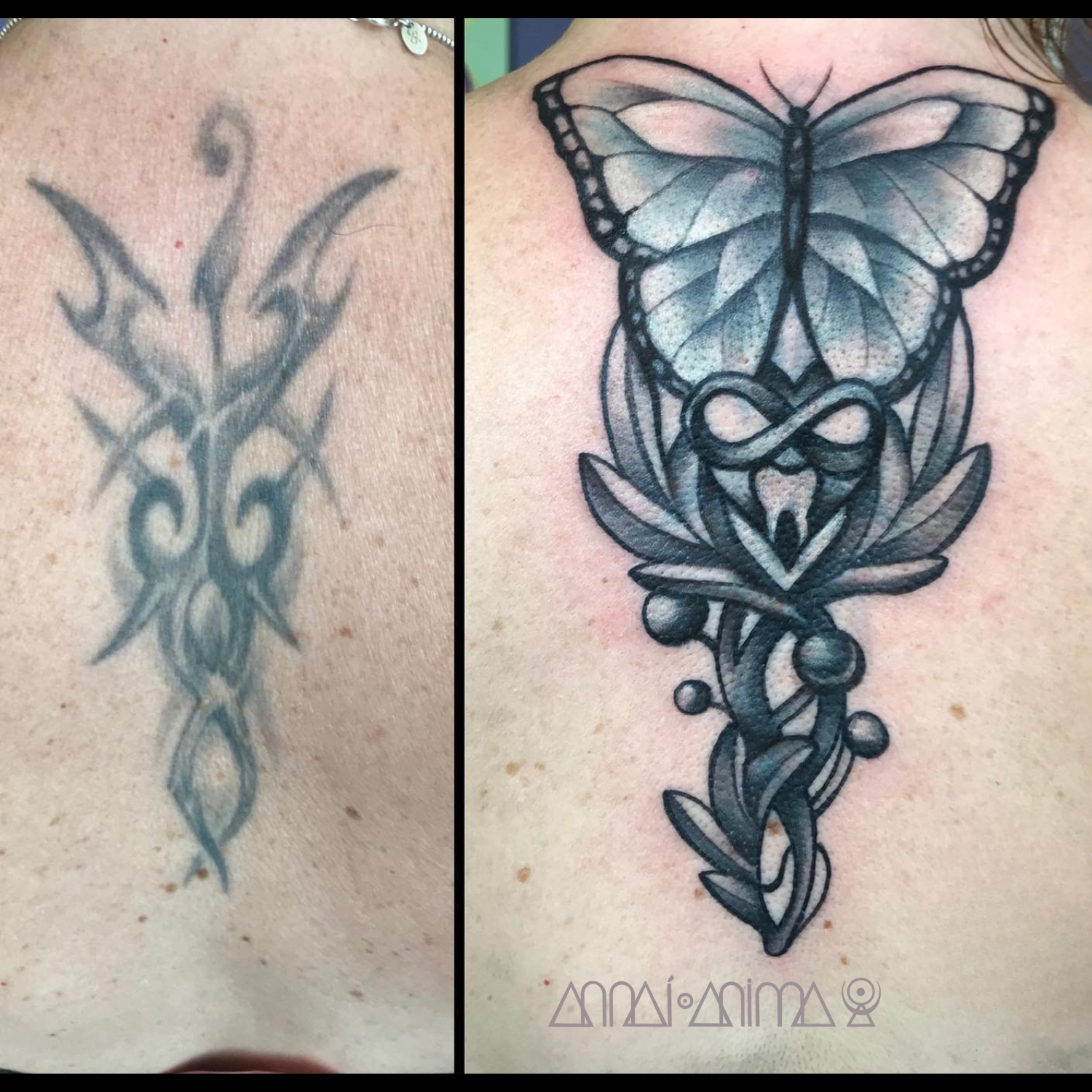 Comparison of a small, faded tribal tattoo on the left and a detailed black and gray butterfly tattoo on the right.