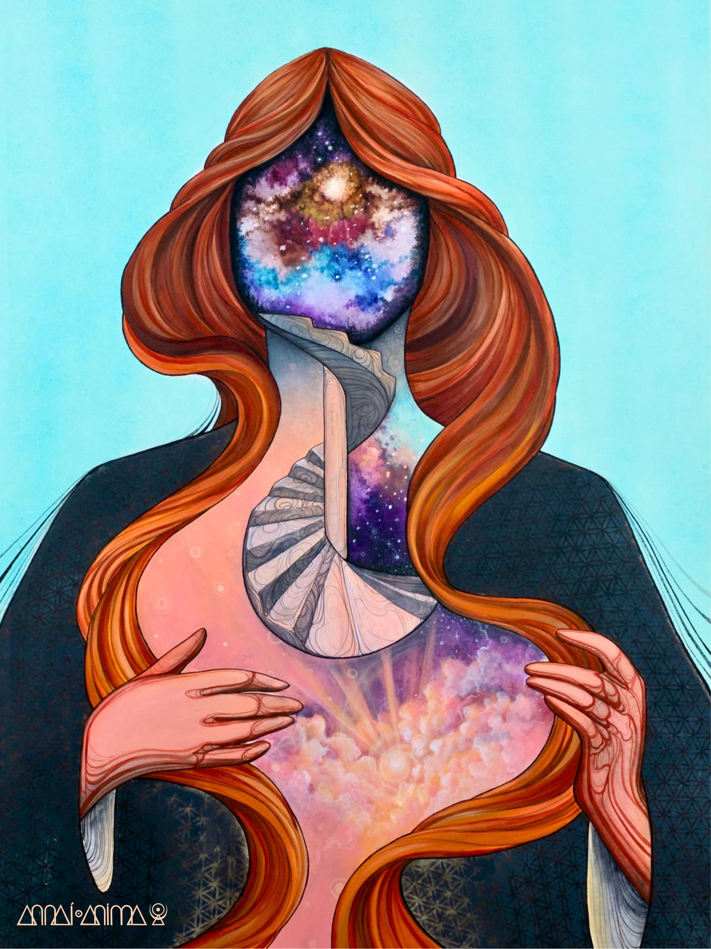 Artistic illustration of a woman with long red hair, her face replaced by a galaxy of stars and nebulae, holding her chest with one hand, against a light blue background.