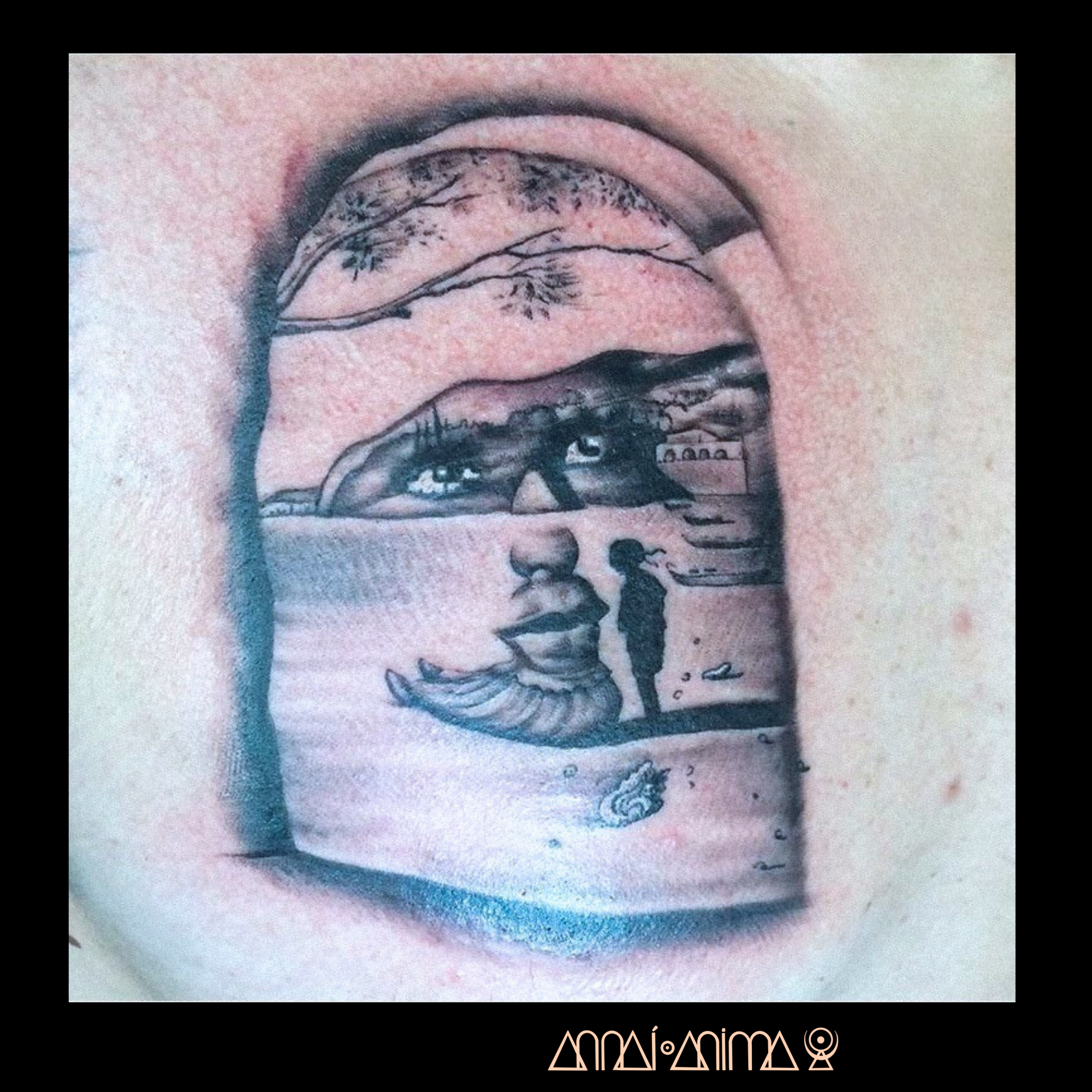 Tattoo of a woman's face, with scenery such as a beach, a person walking, and trees inside the outline of the woman's head, with some symbols at the bottom