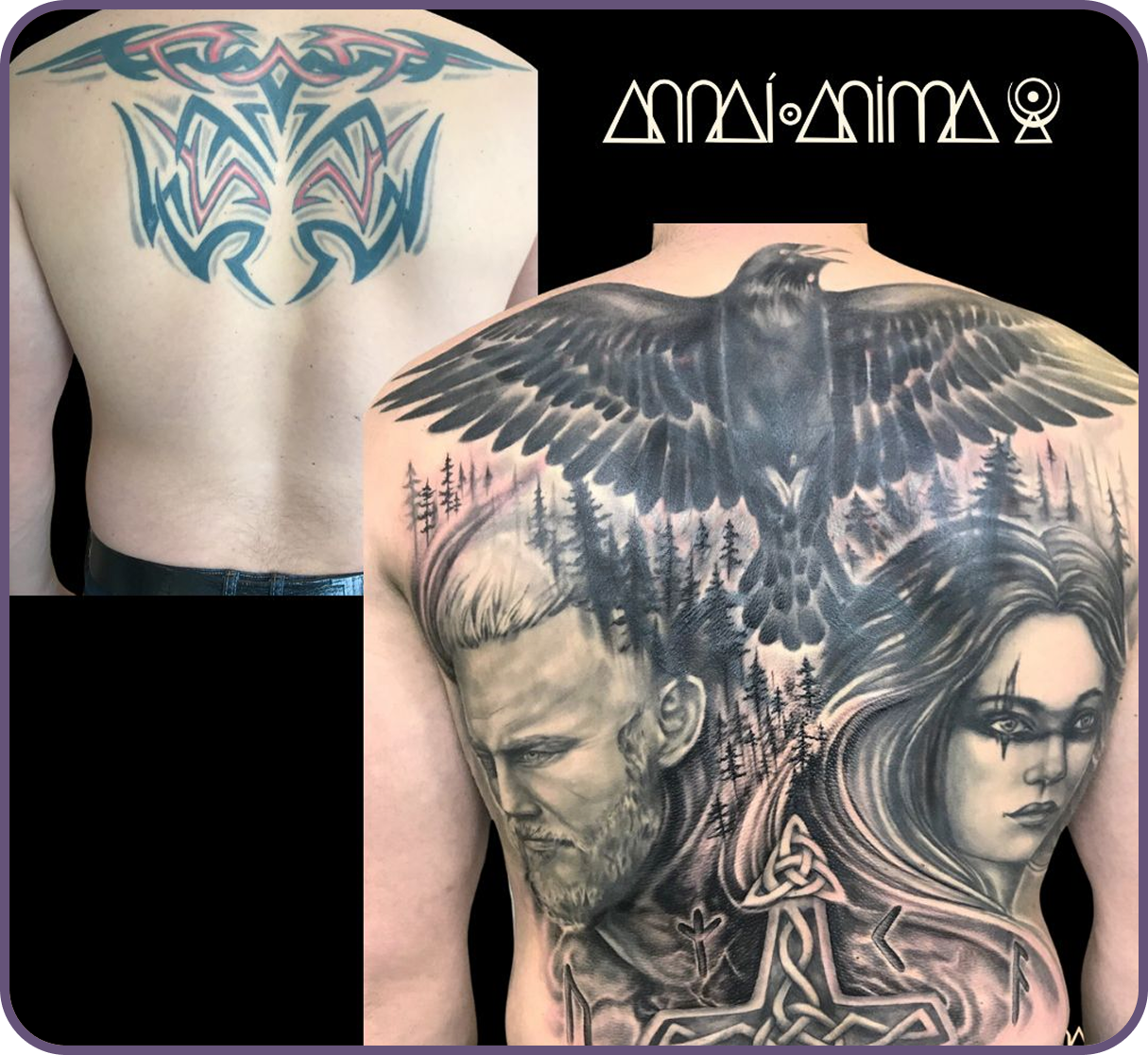 Close-up of two backs with tattoos. The left shows a tribal-style chest tattoo with sharp blue and red lines. Tattoo done at Tatuarium tattoo studio in Vienna, Austria by annai anima