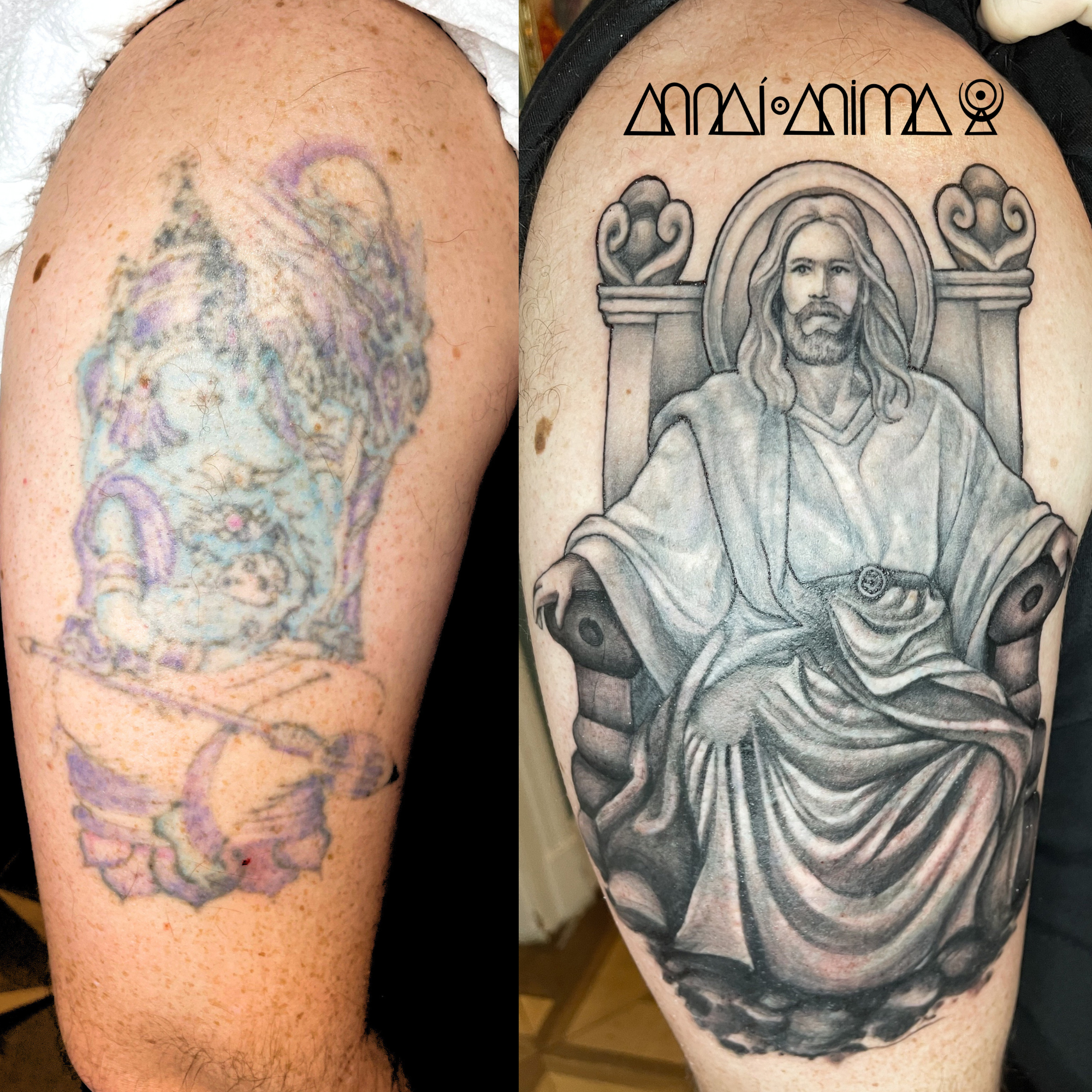 Comparison of two tattoos: The left tattoo is a blurred, unfinished design with pastel colors, while the right tattoo is a detailed black and gray depiction of Jesus Christ seated on a throne, with a halo behind his head and intricate throne details.