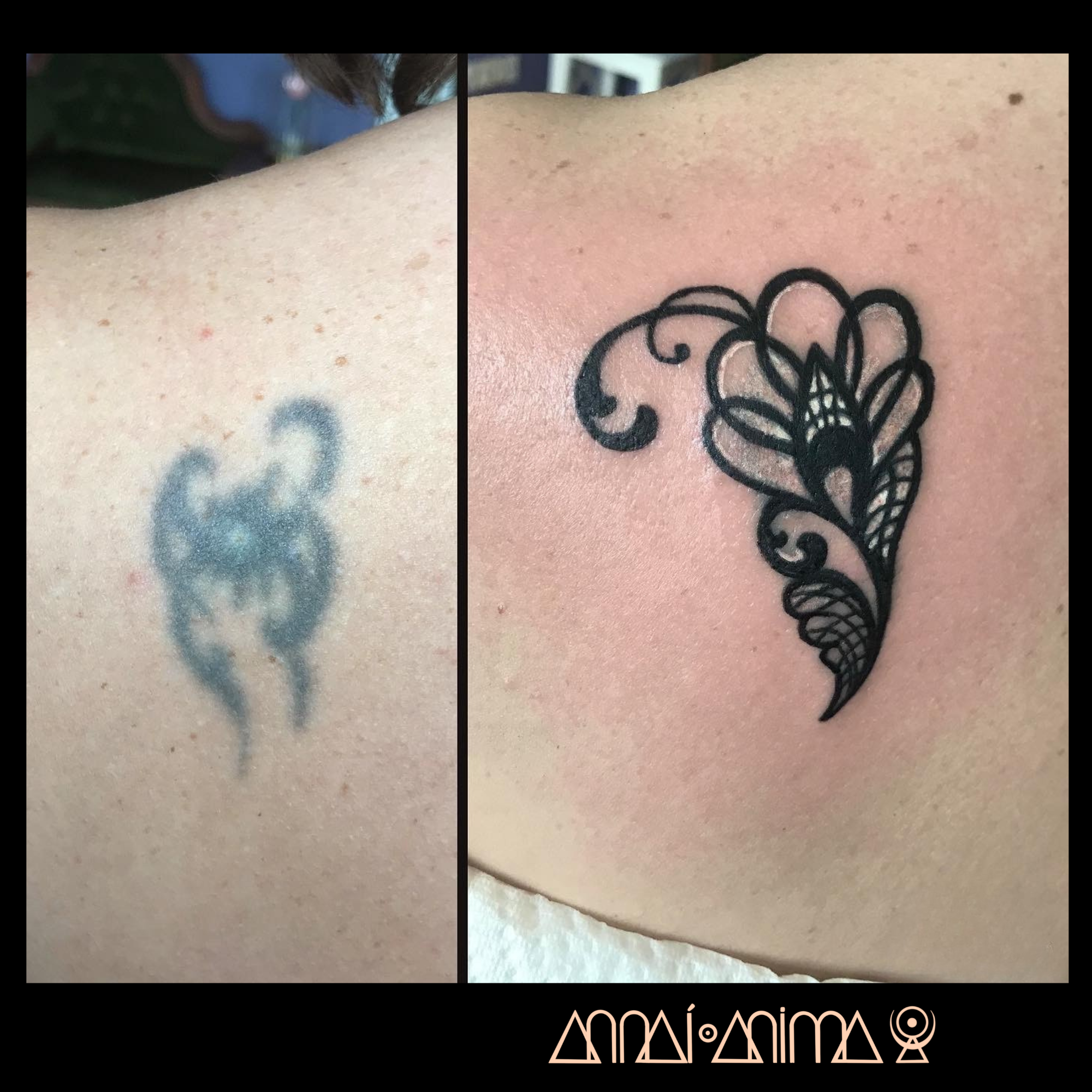 Comparison of two shoulder tattoos: the left tattoo is blurry and appears to be a blue silhouette of an animal, possibly a bear or similar creature, while the right tattoo is clear, black, and features an intricate, stylized floral design.
