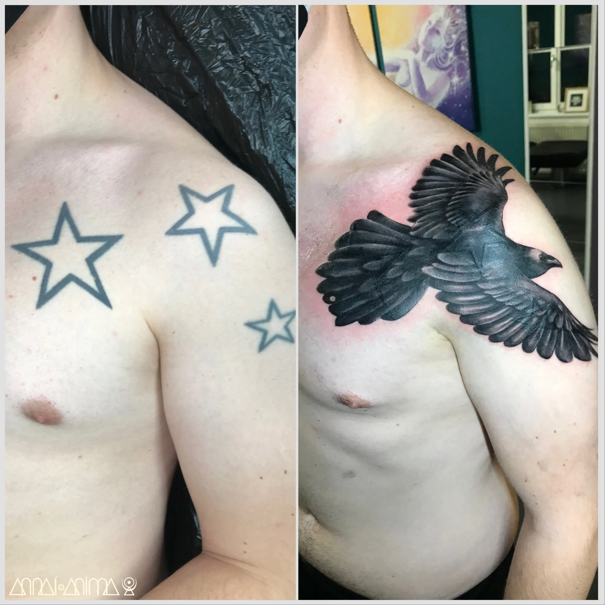 Comparison of a person's shoulder with two tattoos: on the left, three outlined star tattoos; on the right, a detailed black eagle tattoo with wings spread.