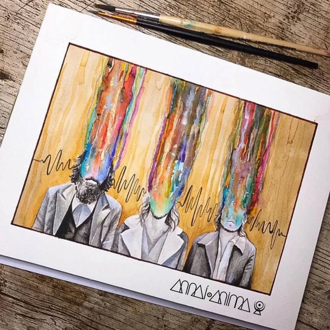 A mixed media artwork depicting three people in suits with colorful, abstract, elongated head figures that resemble paint streaks and rainbows. The characters are in grayscale, with a text signature at the bottom reading 'DADA' and abstract symbols, 