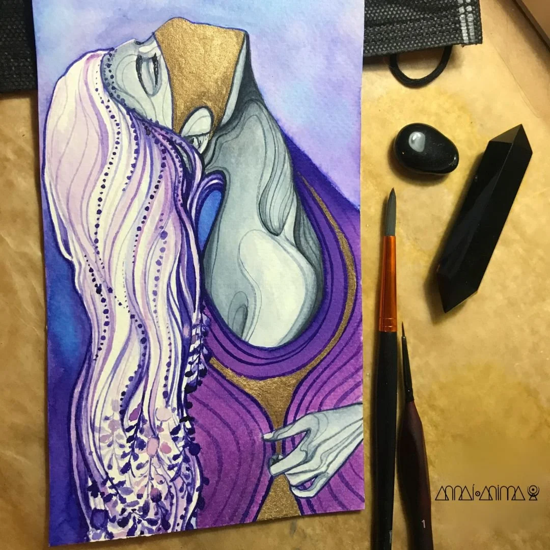 A colorful abstract drawing of a woman with long flowing hair, closed eyes, and a graceful hand. The artwork uses shades of purple, gold, gray, and white.