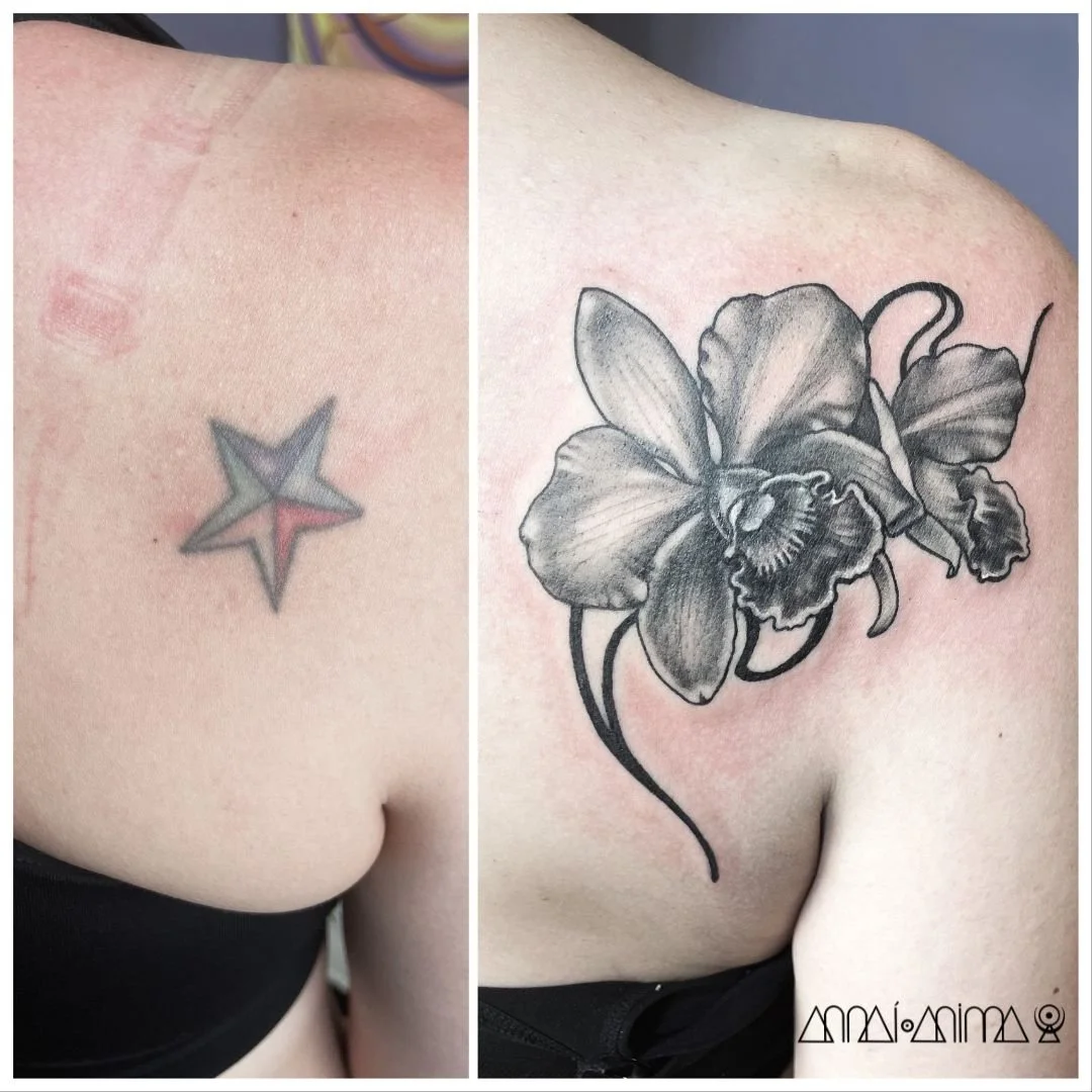 Comparison of a person's shoulder tattoo before and after: the left shows a small, colored star tattoo, and the right shows a detailed, black and gray orchid flower tattoo.