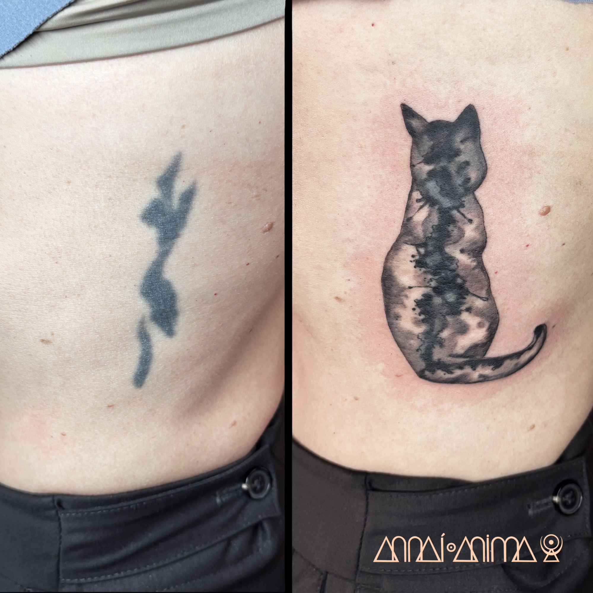 Comparison of a bare tattoo with a completed tattoo of a sitting cat, showing the transformation of a black outline into a detailed, shaded black and gray cat illustration.