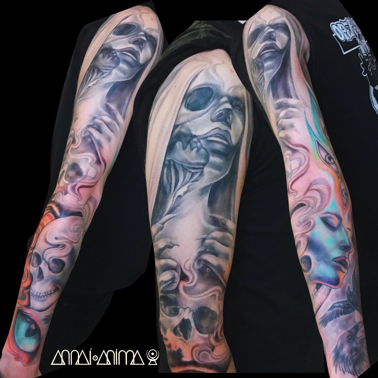 Black and gray tattoo of a woman with long hair, covering the person's chest and arms, with detailed shading and realistic style.