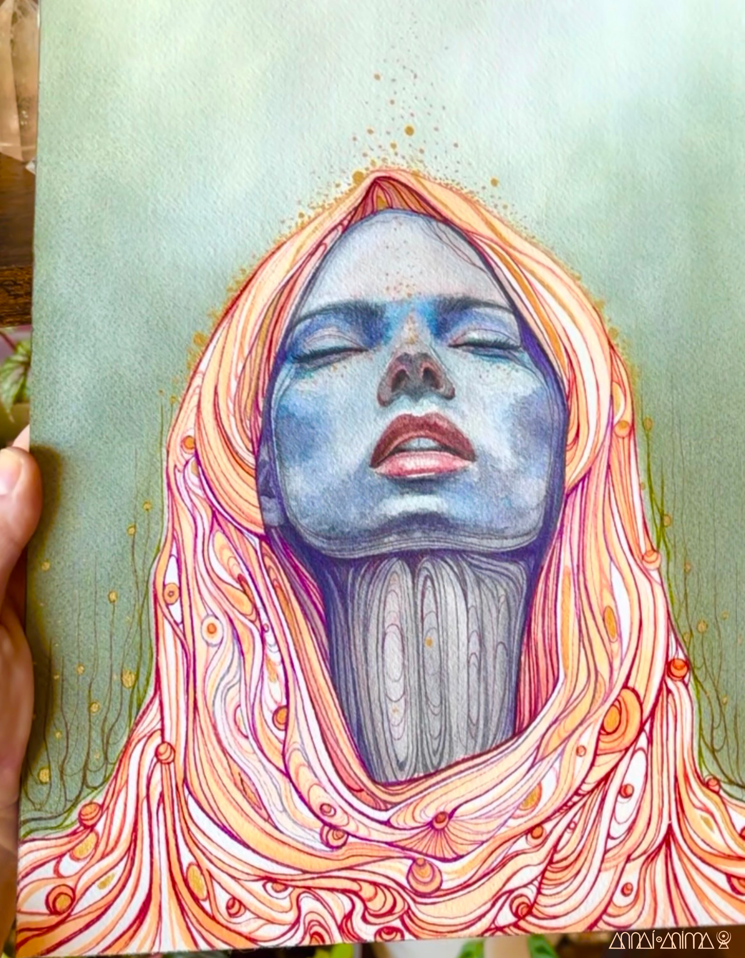 Colorful illustration of a woman with closed eyes, blue face makeup, and flowing hair with intricate orange, pink, and red patterns resembling hair or fabric, on a green background.
