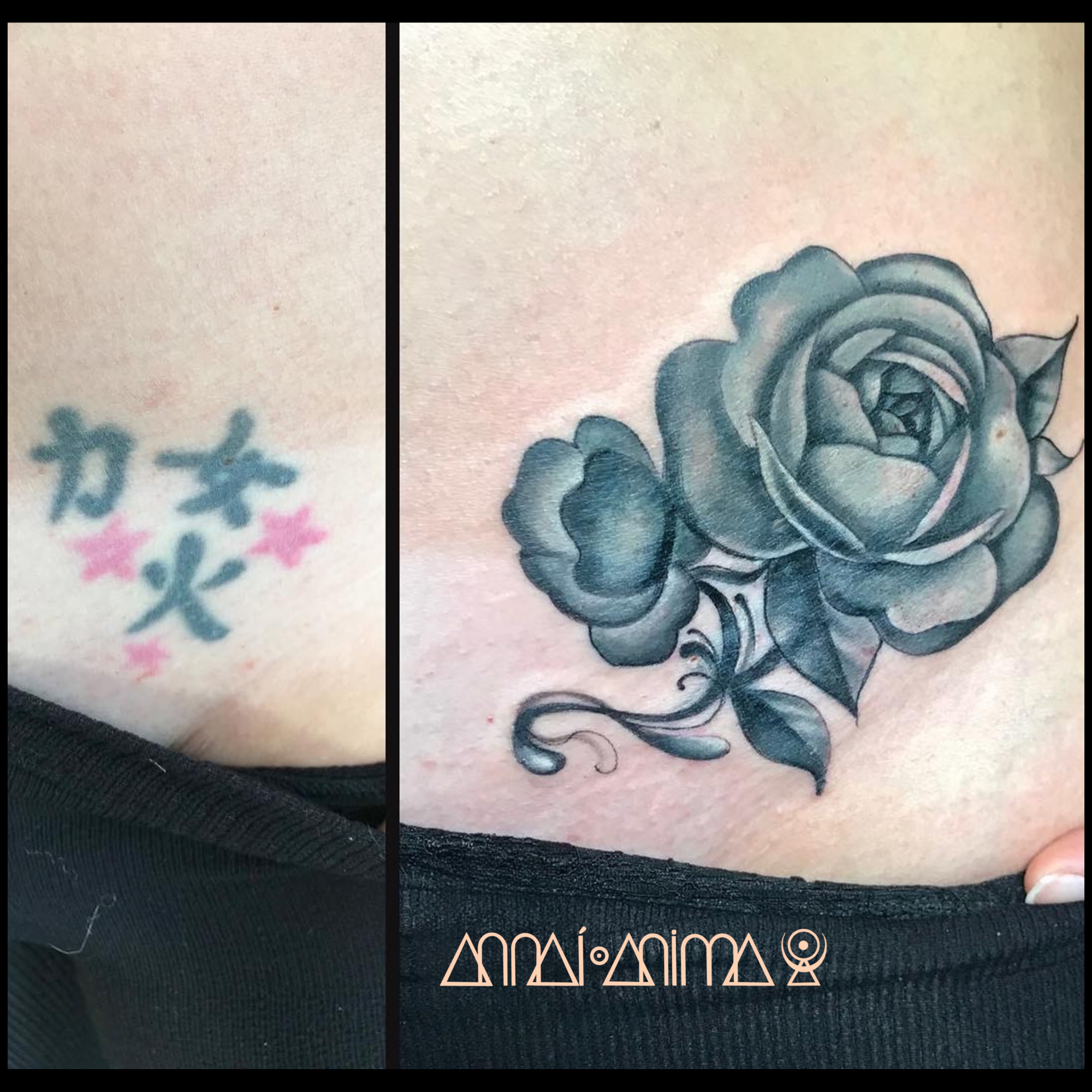 Side-by-side comparison of a small tattoo of Japanese characters with pink stars on the left and a large black and gray rose tattoo on the right.
