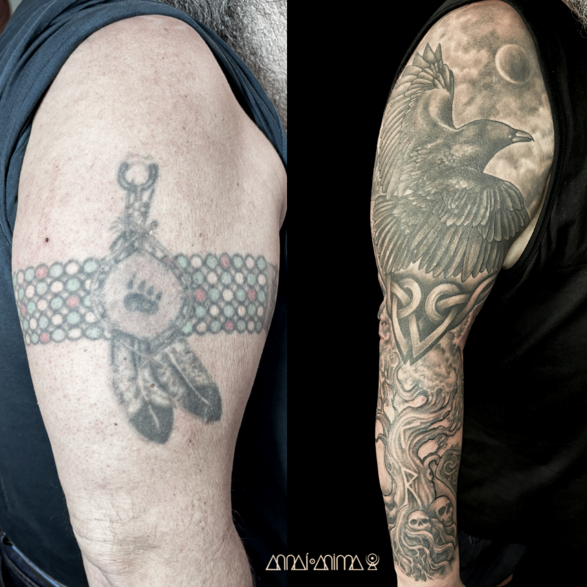 Side-by-side images of tattoos on two different arms. The left arm has a blurry tattoo of a compass with feathers hanging below and a dotted pattern background. The right arm features a detailed tattoo of a raven with wings spread, a moon in the back