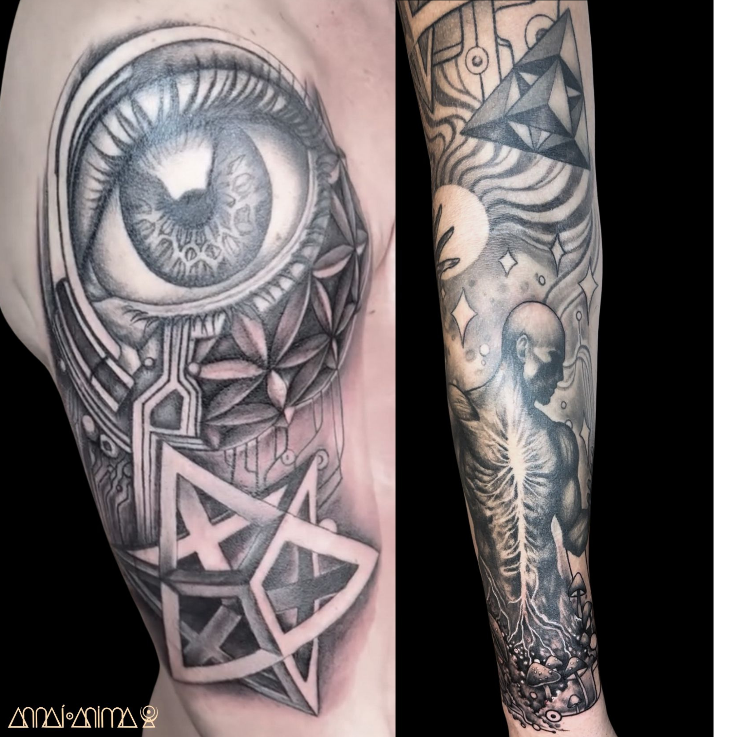 Tattoo featuring a large eye with geometric and floral details on the left arm and a skeleton with a cosmic background on the right arm.