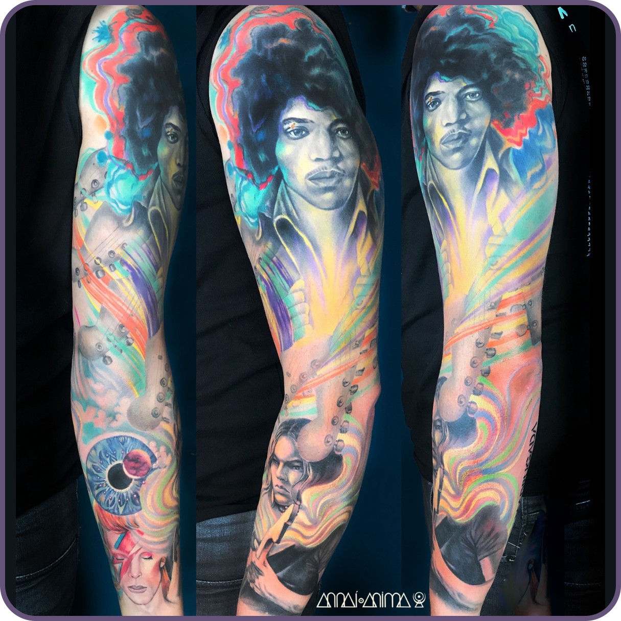 Colorful sleeve tattoos featuring portraits of Jimi Hendrix with curly hair and a man with shorter hair, along with abstract and cosmic elements such as planets, eyes, and swirling patterns. done at Tatuarium tattoo studio in Vienna, Austria
