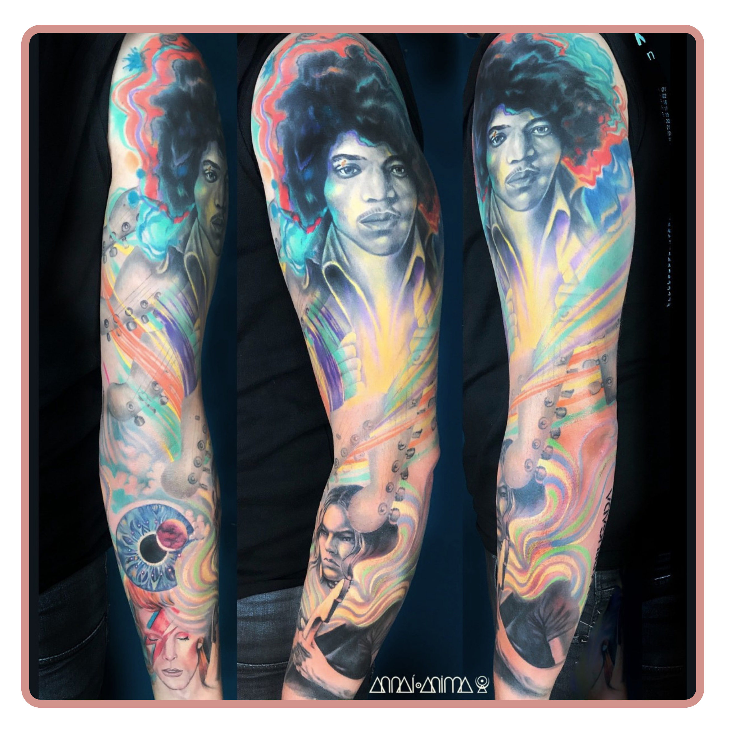 Colorful sleeve tattoos featuring portraits of Jimi Hendrix with curly hair and a man with shorter hair, along with abstract and cosmic elements such as planets, eyes, and swirling patterns. done at Tatuarium tattoo studio in Vienna, Austria