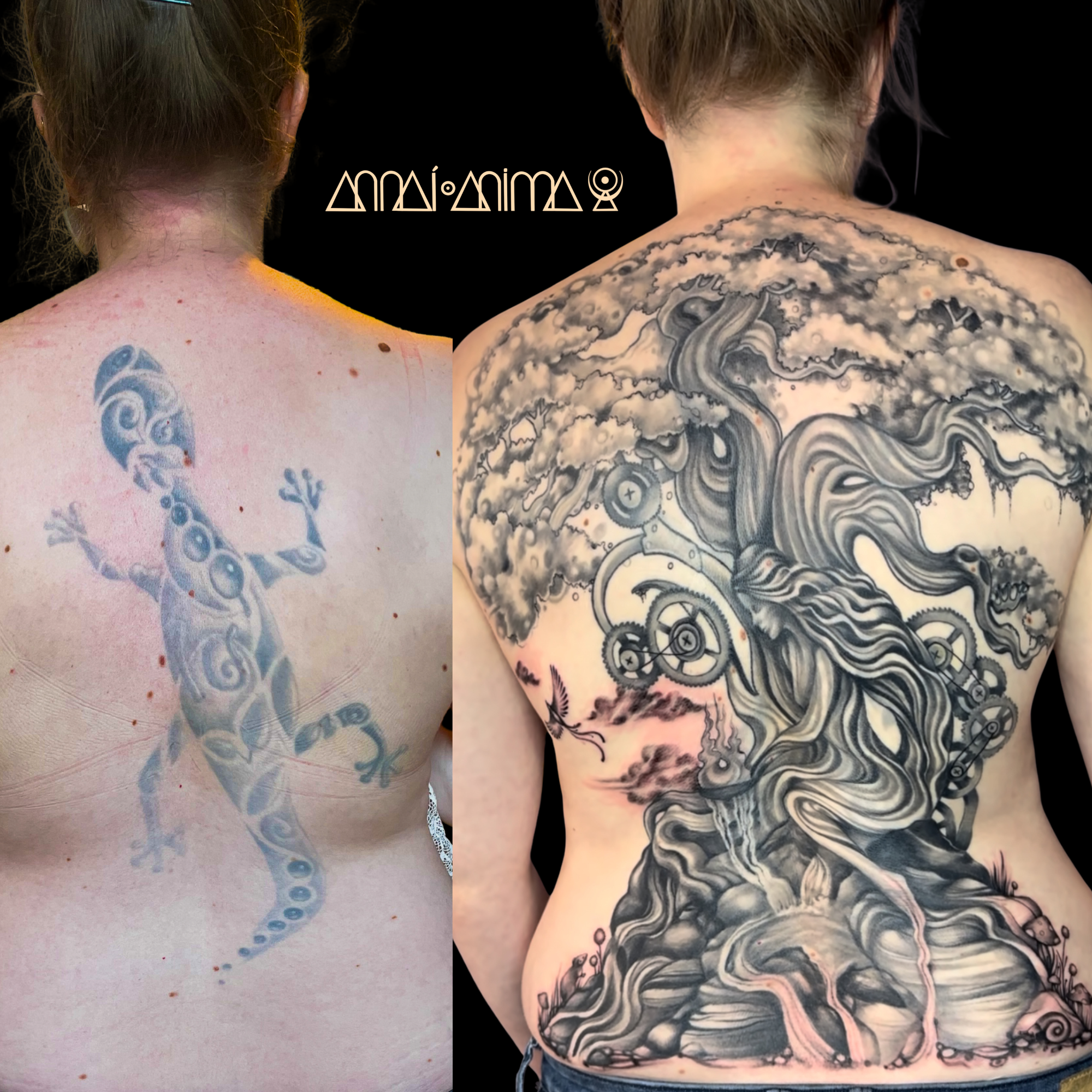 Side-by-side images of two women's backs with tattoos. The left woman has a blue, stylized gecko tattoo on her upper back, and the right woman has a large, detailed black and gray tree tattoo covering her entire back.