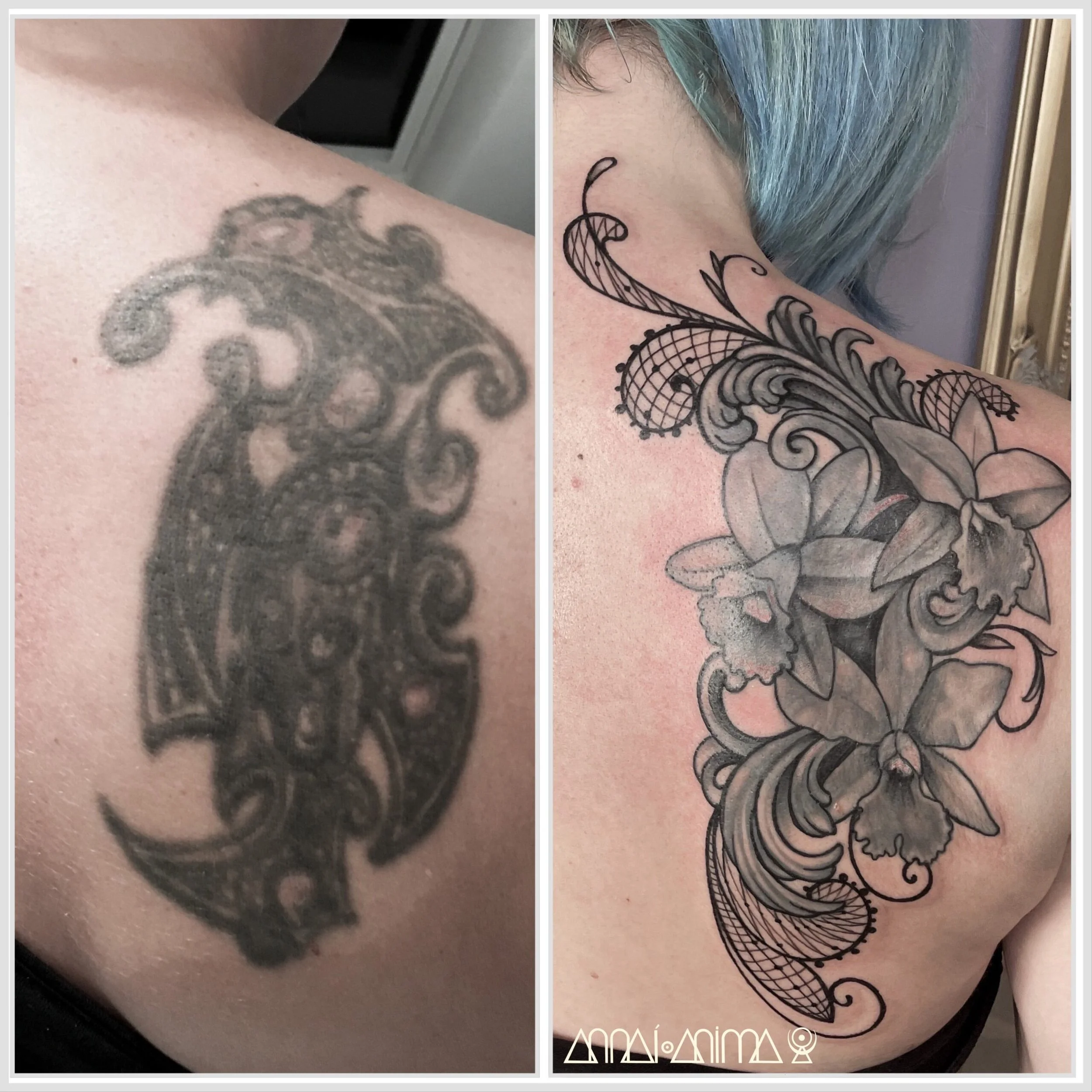 Before and after photos of a shoulder tattoo transformation. The left shows a faded tribal-style tattoo, the right features a fresh detailed floral and ornamental tattoo.