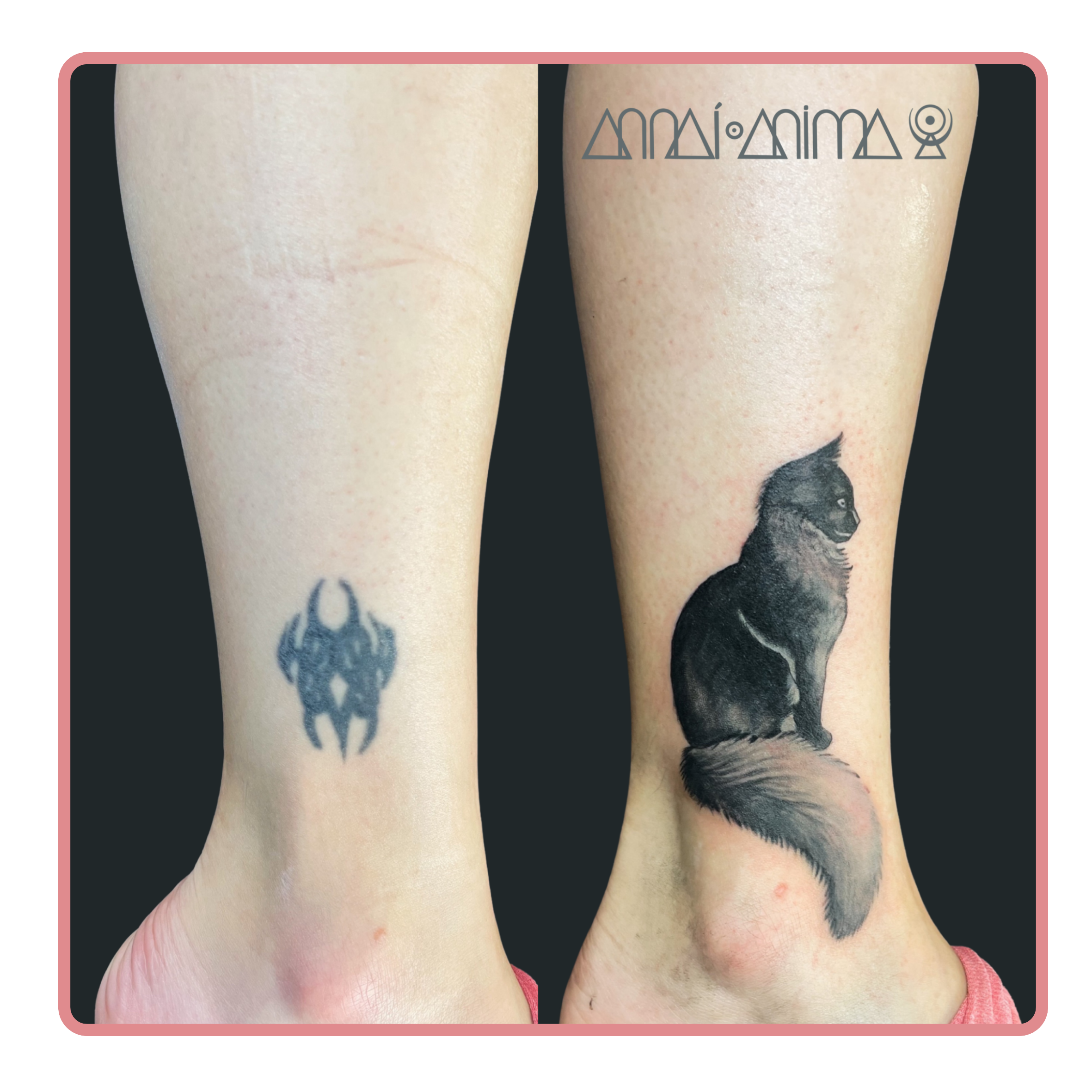 Tattoo cover-up of a symbol on the left wrist and a detailed black and gray cat sitting. tattoo done in  Tatuarium tattoo studio in Vienna, Austria by annai anima
