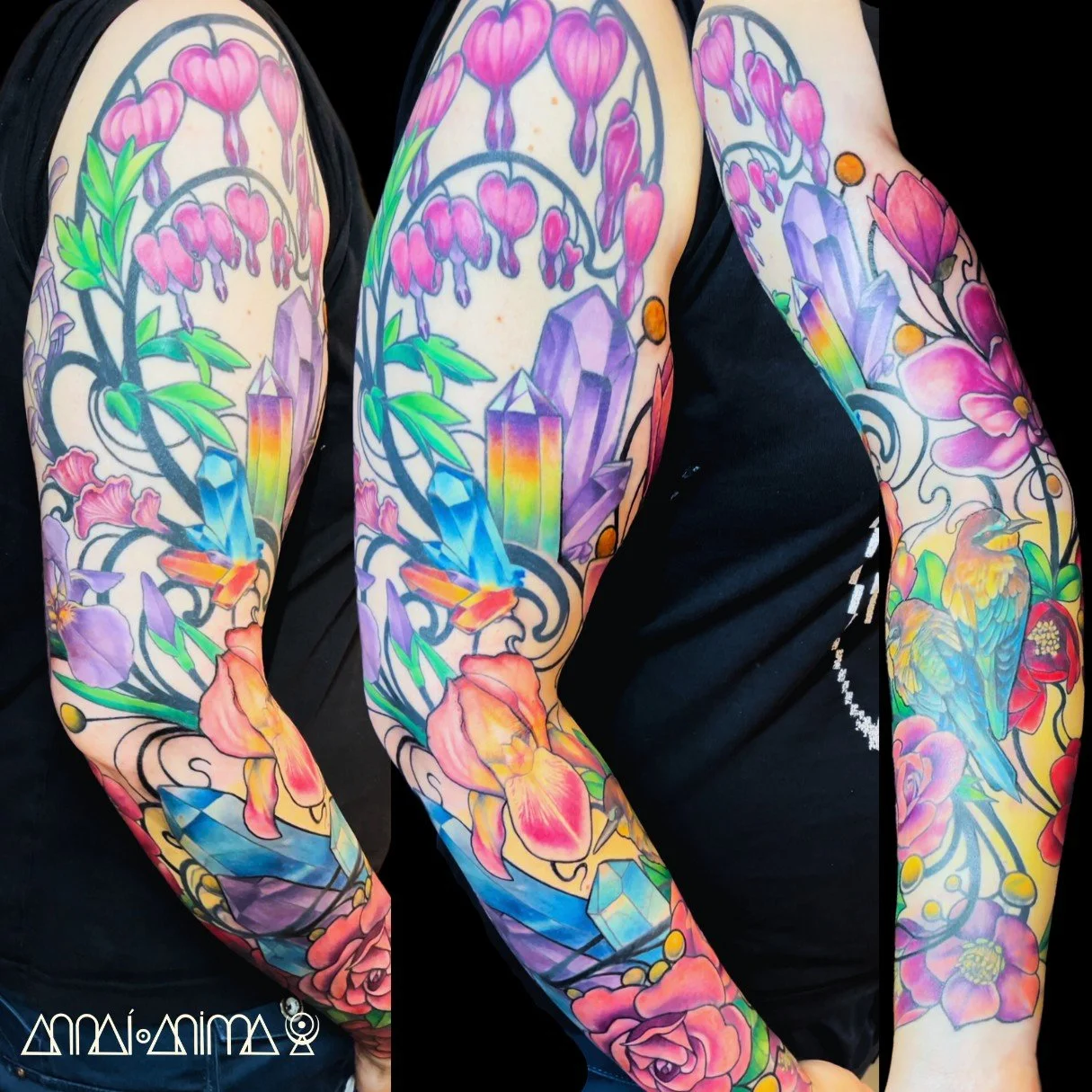 Colorful tattoo sleeves featuring pink flowers, green leaves, colorful crystals, and rainbows on both arms.