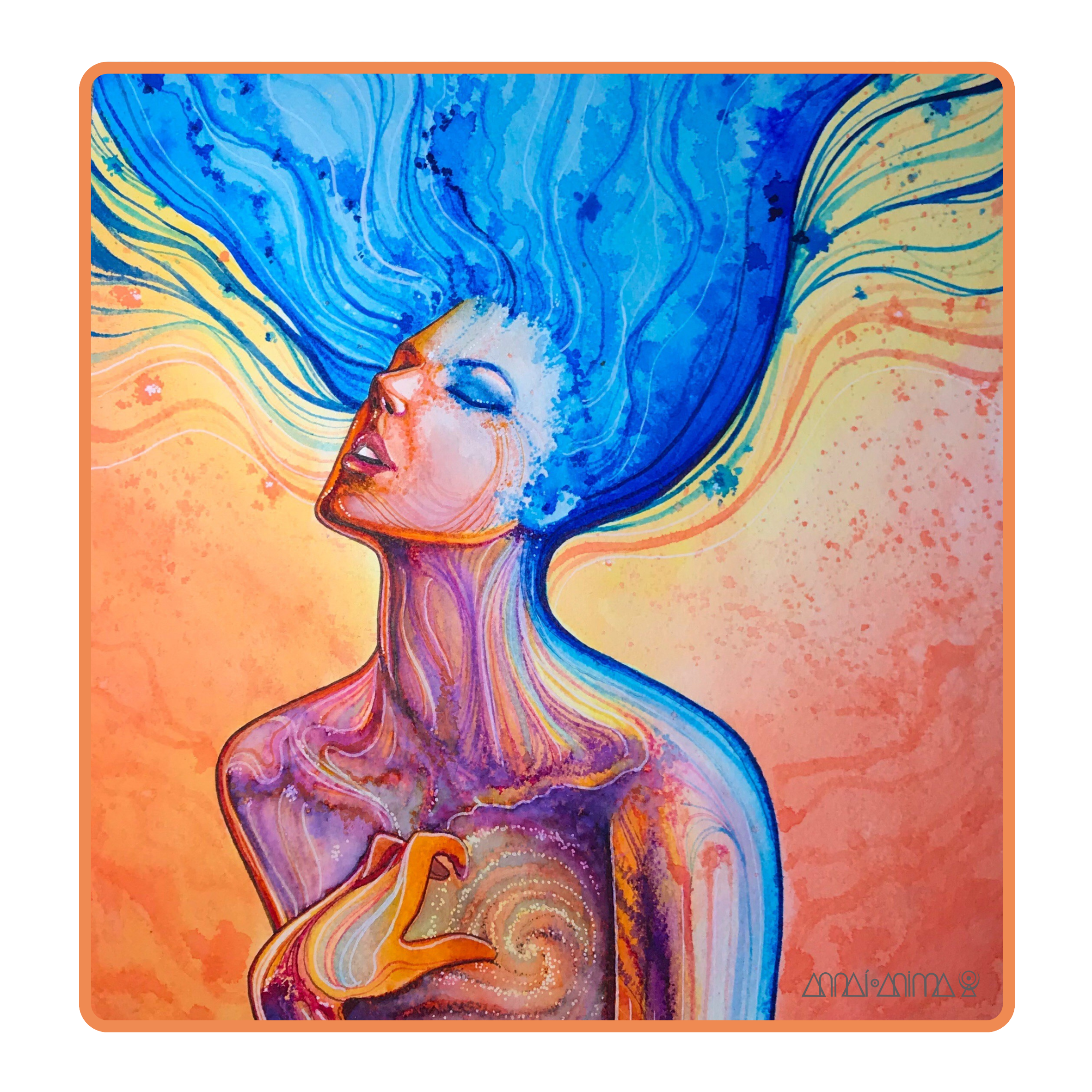 A colorful watercolor painting of a woman with long flowing blue hair and closed eyes, with her hand over her heart, set against a warm orange background. done in  Tatuarium tattoo studio in Vienna, Austria by annai anima