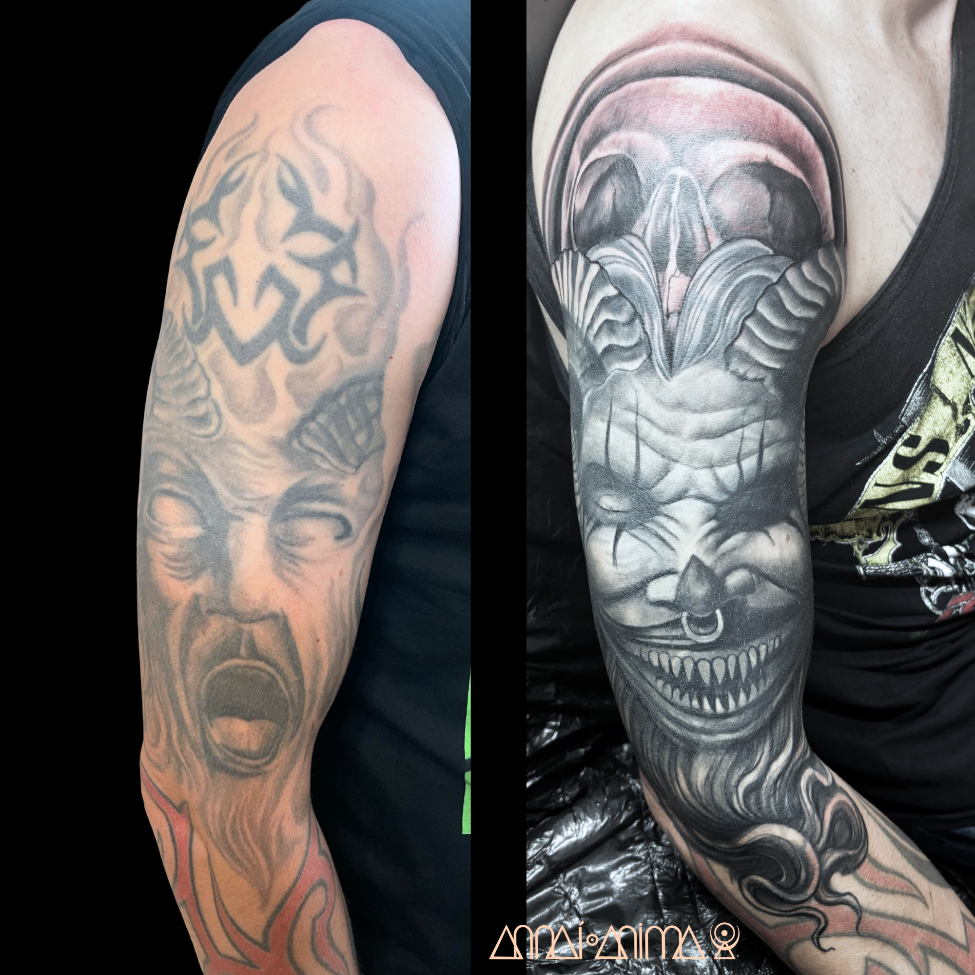Comparison of two tattooed arms, with the left arm featuring a near-full arm tattoo of a screaming face with detailed hair and facial features, and the right arm displaying a large, detailed demon or clown face with a wide grin, prominent nose, and e