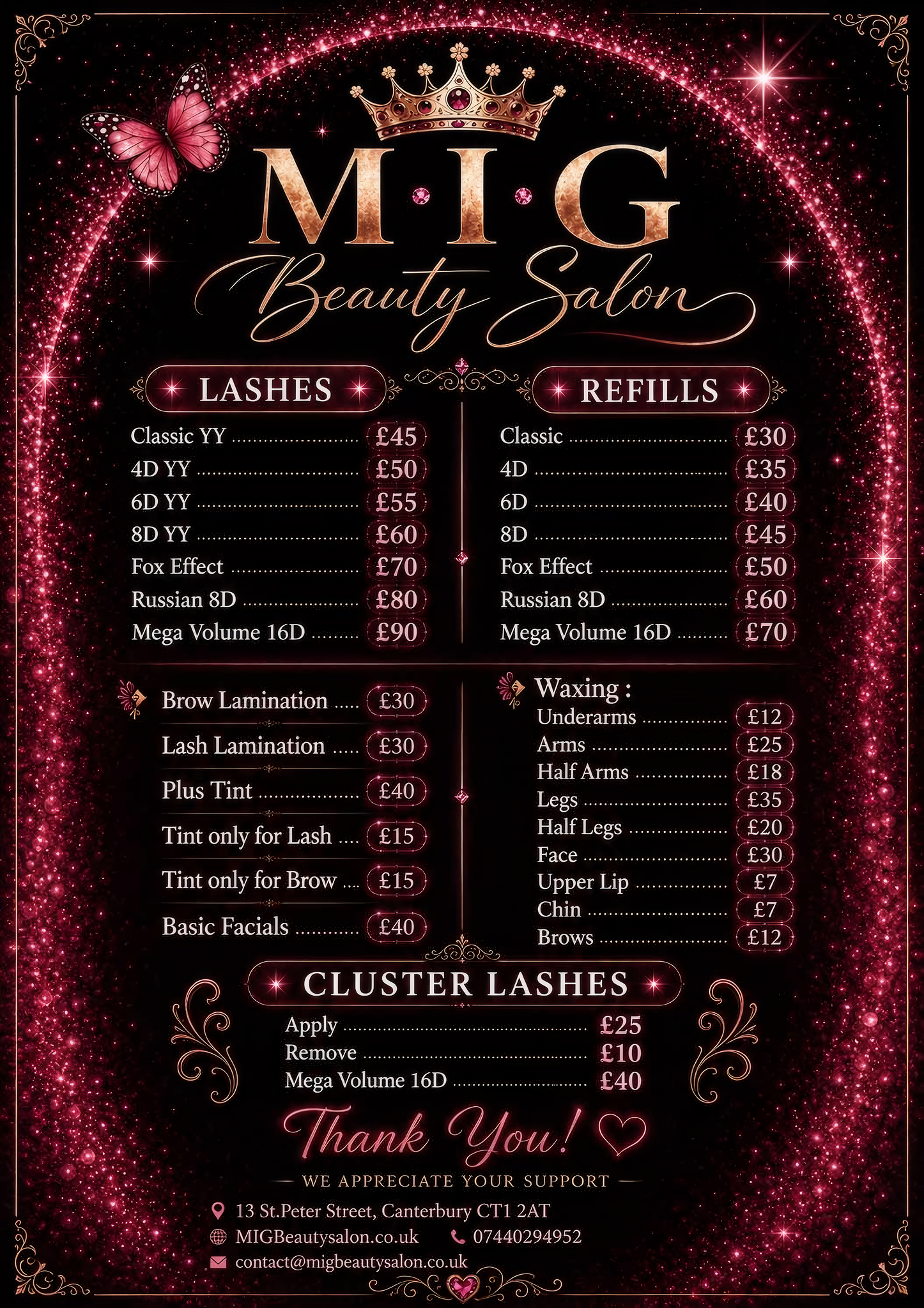 A promotional poster for MIG Beauty Salon featuring luxury eyelash extensions, eyebrow, and facial treatments, with prices listed for various services and contact information at the bottom.