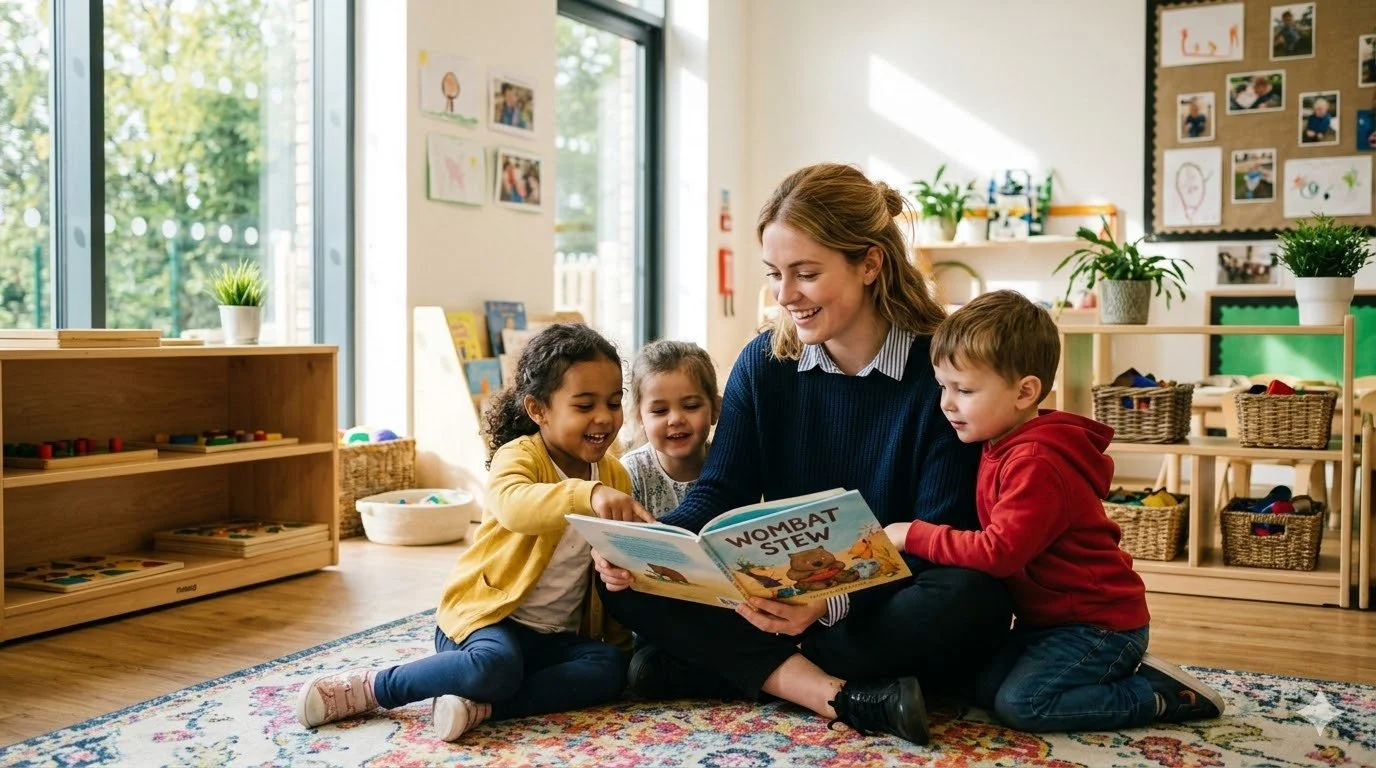 UK early childhood teacher reading with children in Australian preschool classroom
