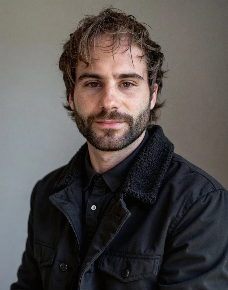 Porträt von Fabrizio Arboit in schwarzer Jacke vor grauem Hintergrund.