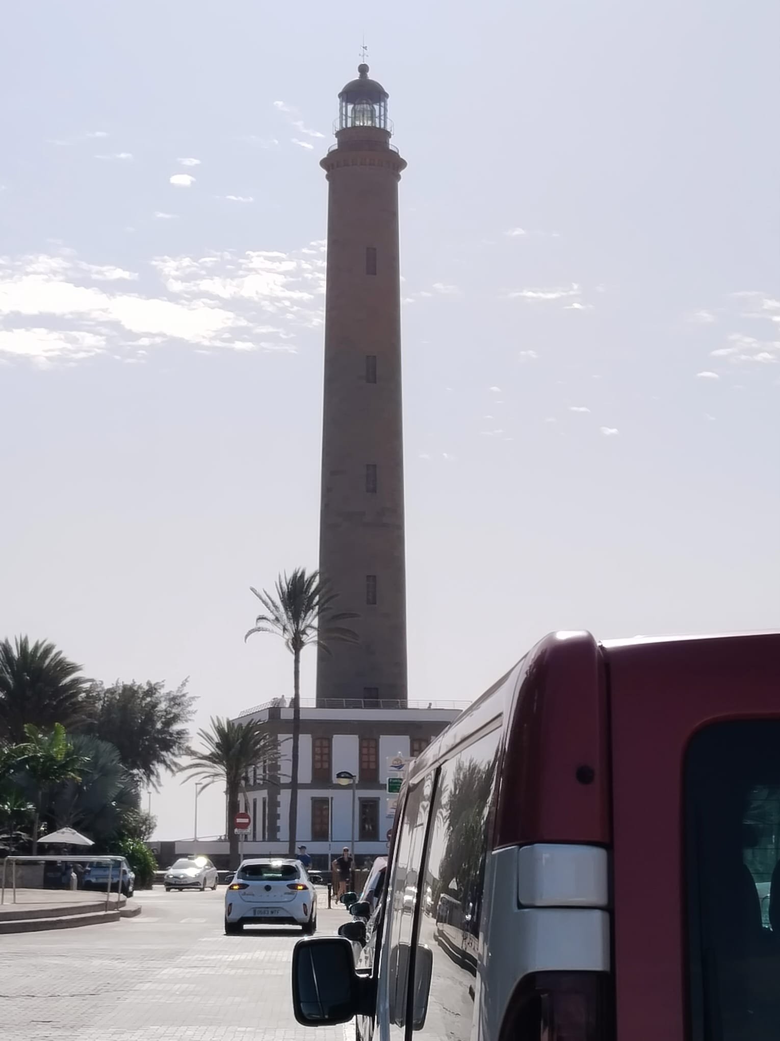Faros de la ciudad con palmeras en primer plano, vehículos y personas en la calle.