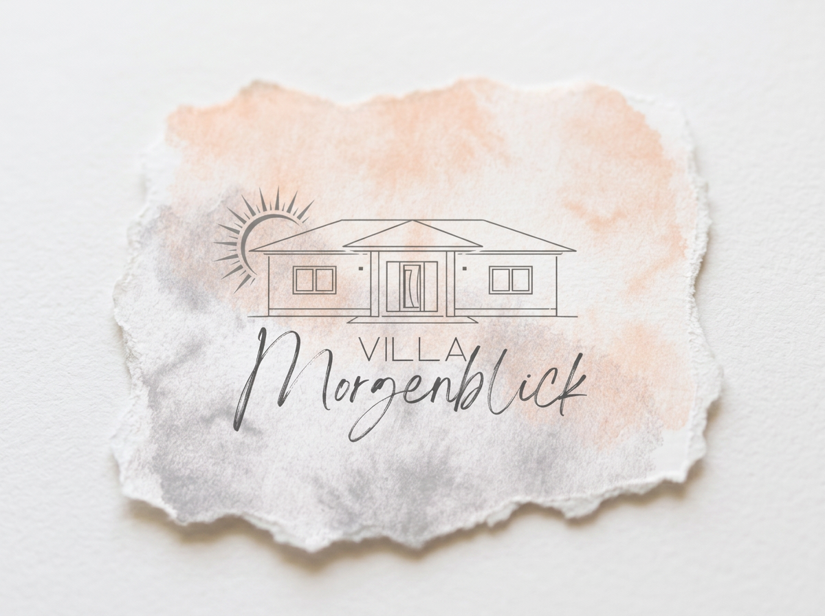 Skizze eines Hauses, die Sonne im Hintergrund, mit der Aufschrift "Villa Morgenblick" darunter.