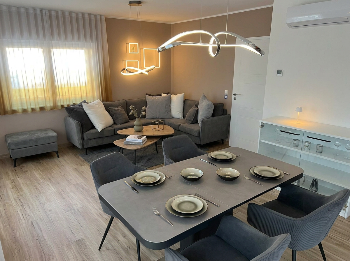 Modernes Wohnzimmer und Esszimmer mit gemütlicher Sitzecke, Esstisch mit Geschirr, eleganter Beleuchtung und großen Fenstern mit Vorhängen.