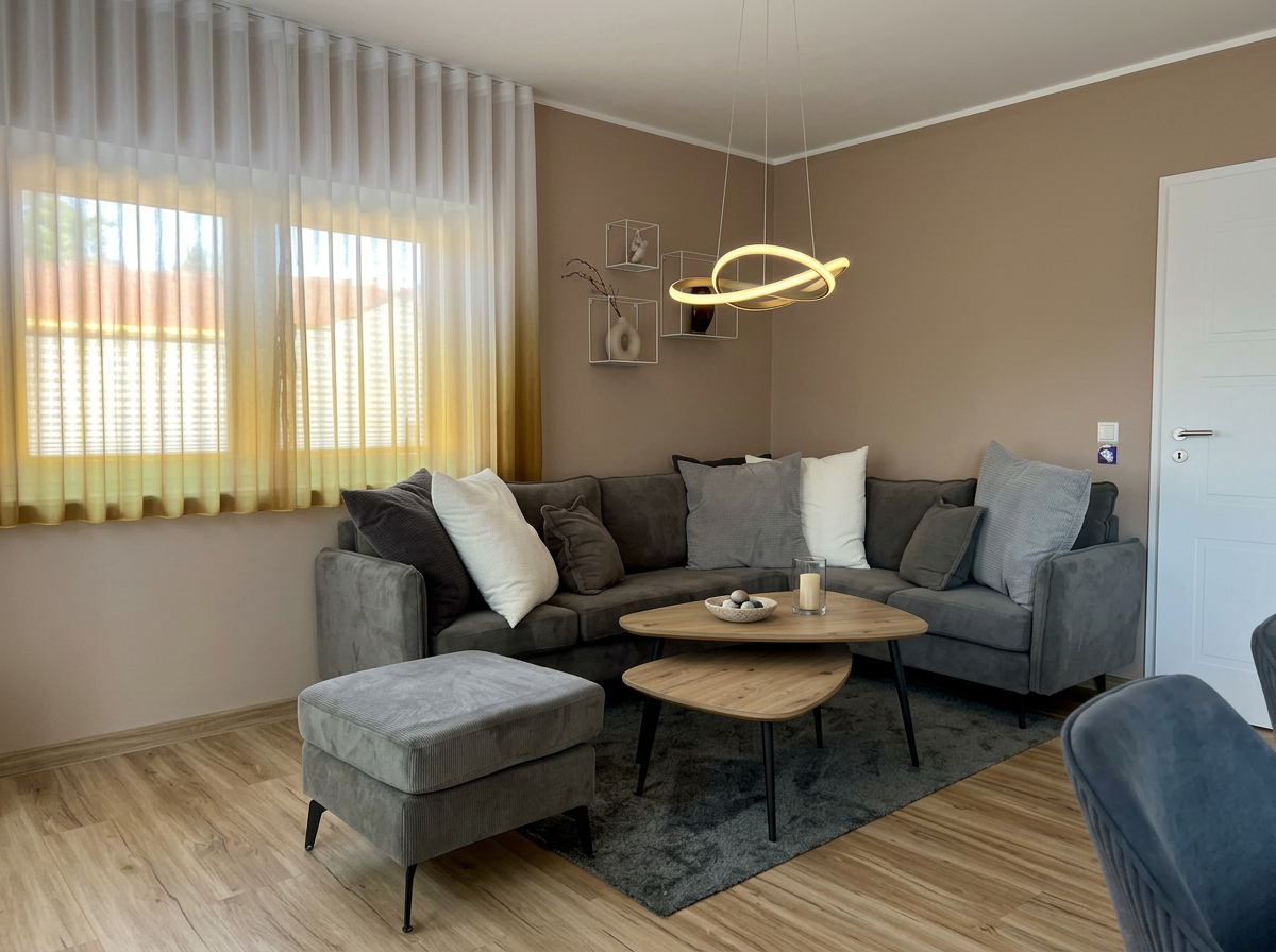 Wohnzimmer mit grauer Couch, Ovale Couchtische, dunkelgrau Teppich, große Fenster mit gelben Vorhängen, moderne Deckenleuchte, Dekorationsgegenstände an der Wand.