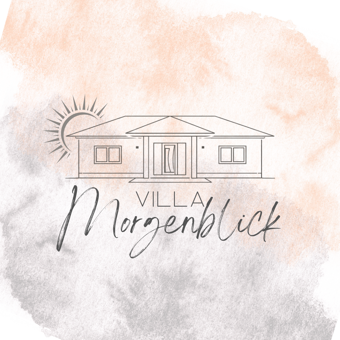 Skizze eines Hauses mit Sonnenstrahlen im Hintergrund, Text "Villa Morgenblick" auf aquarellartigem Hintergrund in Orange und Grau