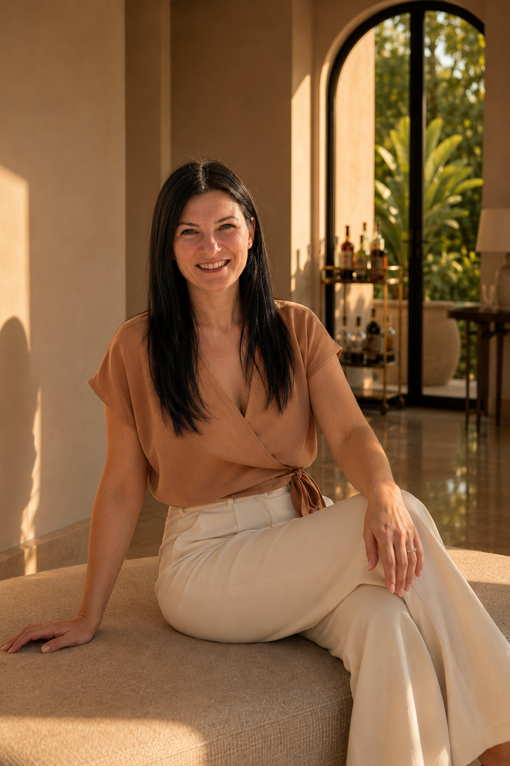 A woman with long dark hair sitting on a beige cushioned bench inside a sunlit room with large arched windows, wearing a tan wrap top and cream-colored pants, smiling at the camera.