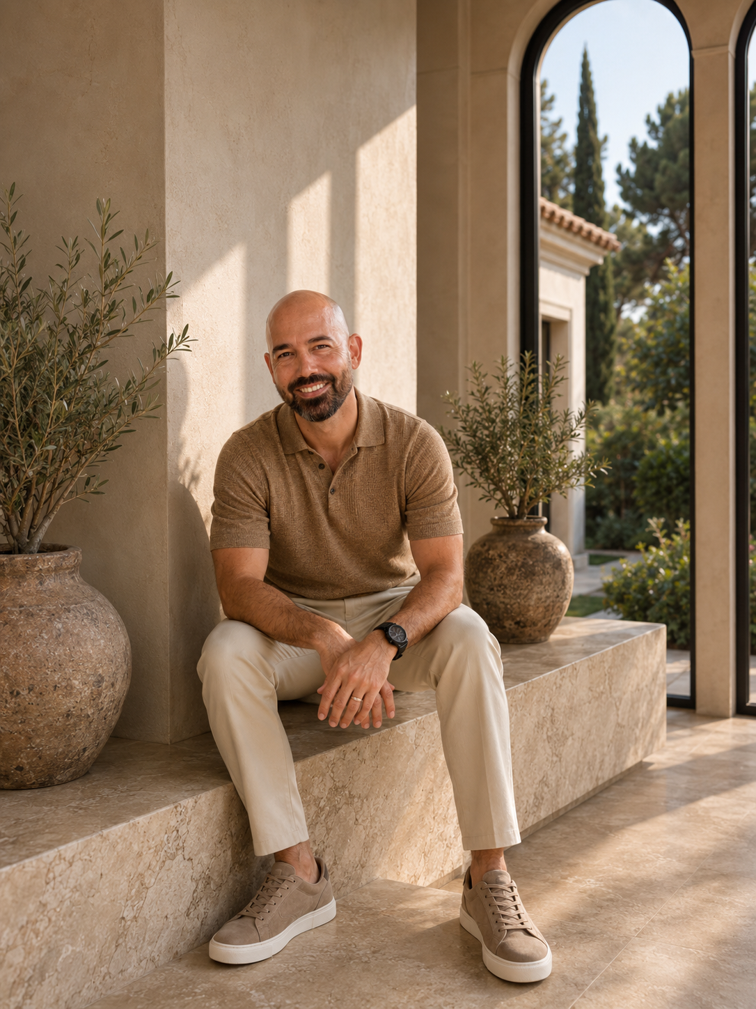 Smiling man sitting on a marble ledge with two large potted plants, sunlight, large arched windows, and trees outside.