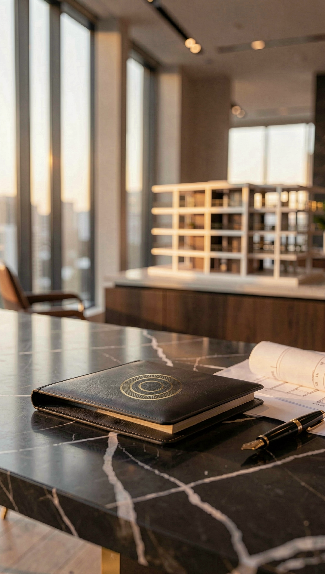 A black notebook with a gold circular design on the cover sits on a black marble table with white veins. Next to the notebook is a rolled-up blueprint or architectural plan, and a black and gold pen. In the background, there is a blurred model building on a white platform in front of large floor-to-ceiling windows in a high-rise building, showing a cityscape during sunset.