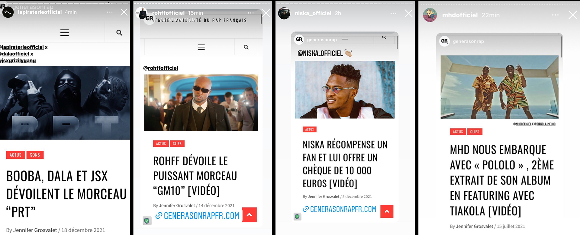 Capture d'écran de plusieurs publications Instagram avec des faits sur des artistes de rap français, montrant principalement des textes en français, des images de personnes célèbres et des éléments de design de page d'actualité.