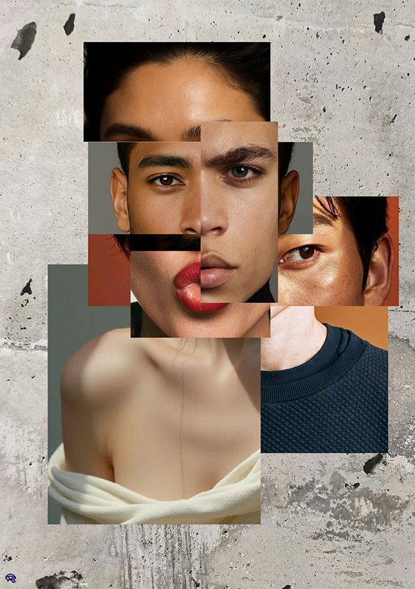 Collage artistique de visages et parties de corps de différentes personnes, assemblés de manière fragmentée sur un fond en béton.