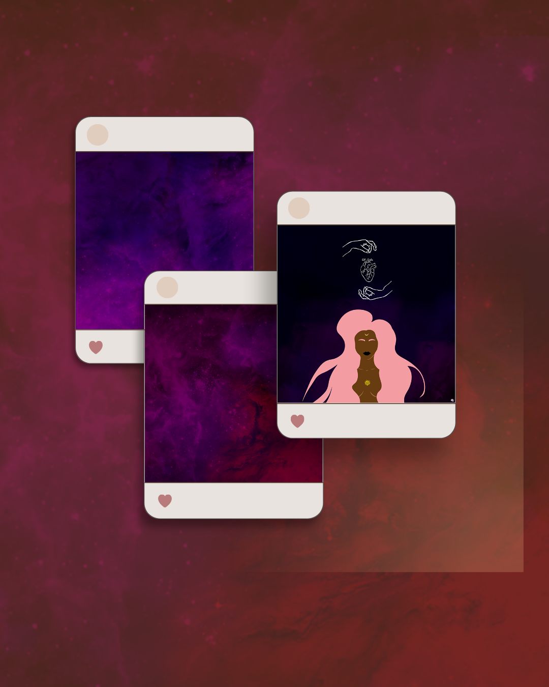 Trois écrans de smartphone avec des images artistiques et abstraites, fond spatial avec des nuances de violet et de rouge.