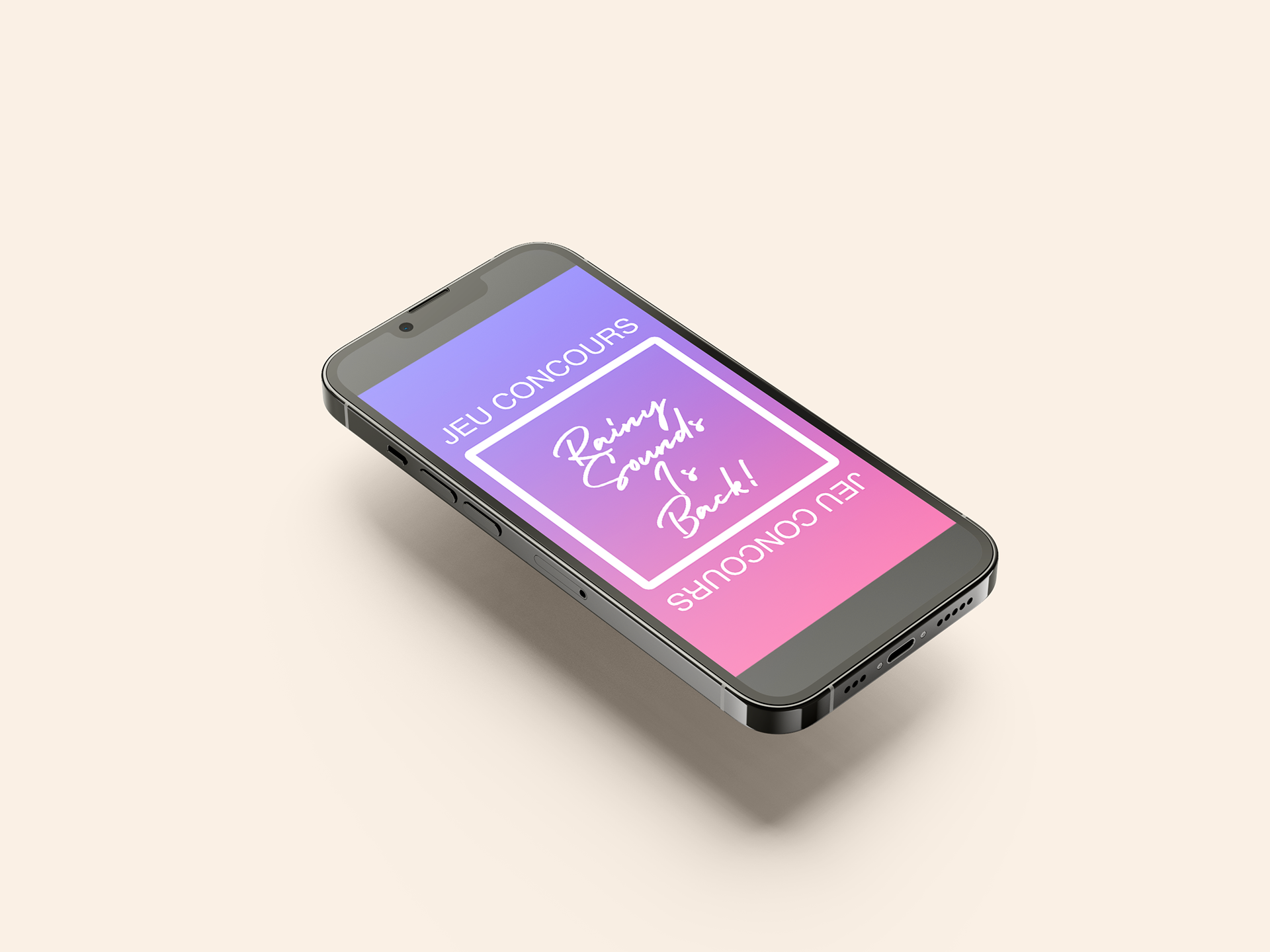 Smartphone affichant un jeu concours intitulé 'Rainy Sound & Bach' avec un décor pastel.
