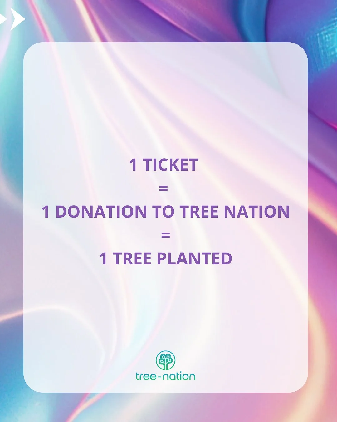 Une affiche avec un fond coloré pastel, présentant un message sur la donation d'arbres par achat de ticket, associant un ticket à une arbre planté, avec le logo de tree-nation en bas.