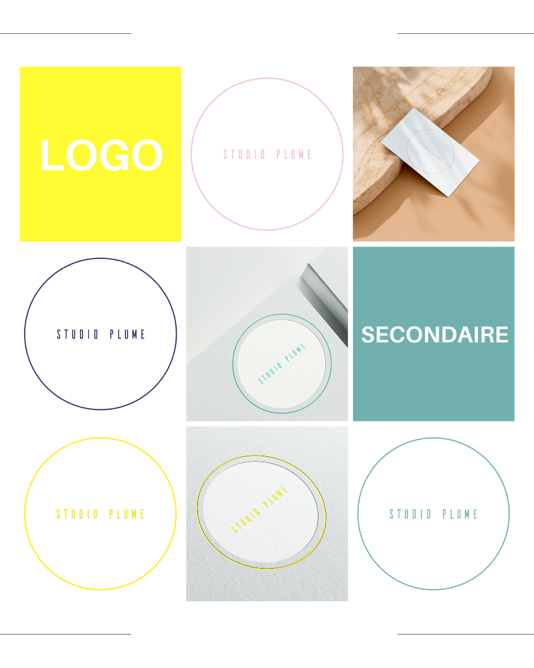 Maquette de différentes étiquettes de marque 'Studio Plume' dans diverses couleurs et styles, avec un espace réservé pour un logo en haut à gauche et une image de produit à droite.