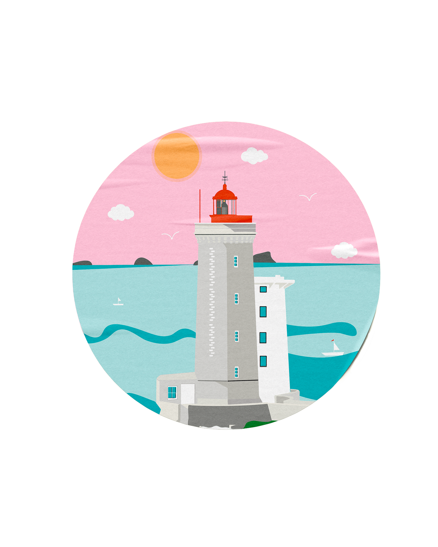 Illustration d'un phare blanc avec une lanterne rouge sur un fond de mer, avec un ciel rose, un soleil orange, des nuages blancs et des oiseaux, représentant une scène côtière