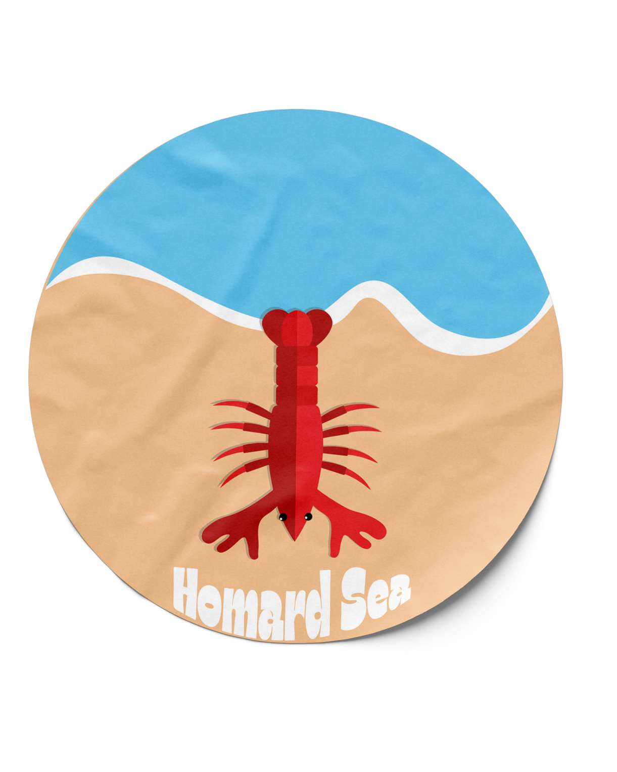 Illustration d'une crevette rouge sous l'eau près du rivage avec la mer en arrière-plan, texte 'Homard Sea' en bas.