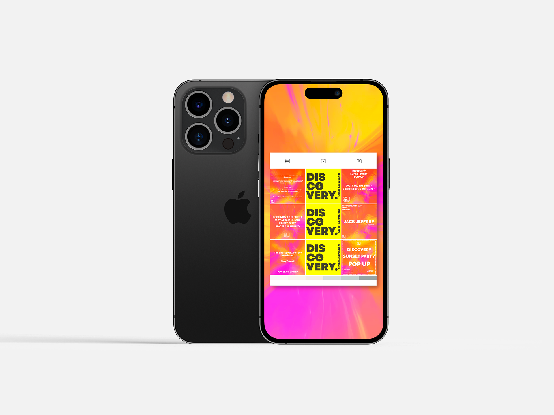 Un téléphone iPhone noir affichant des billets pour un événement « Discovery Very » avec une image de fond orange et rose.