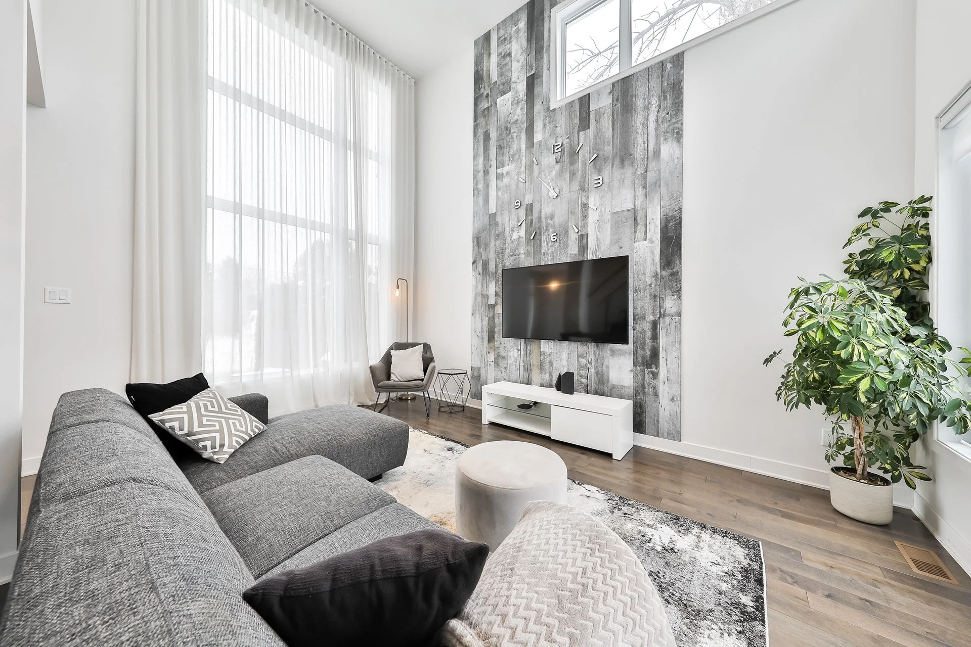 Salon moderne avec un canapé gris, une grande fenêtre avec des rideaux blancs, un mur en bois gris derrière une télévision, une grande plante verte à droite, et un tapis noir et blanc.