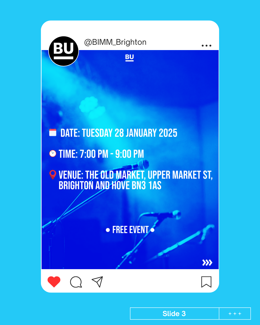Une affiche annonçant un événement musical ou artistique prévu pour le mardi 28 janvier 2025, de 19h00 à 21h00, au Old Market à Brighton, avec une image de microphones et de lumière bleue, indiquant que c'est un événement gratuit.