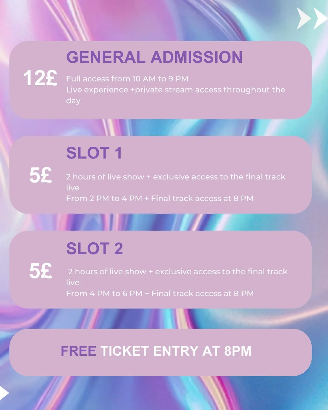 Tarifs pour un événement, avec options de billets, horaires et accès, sur fond violet et pastel.