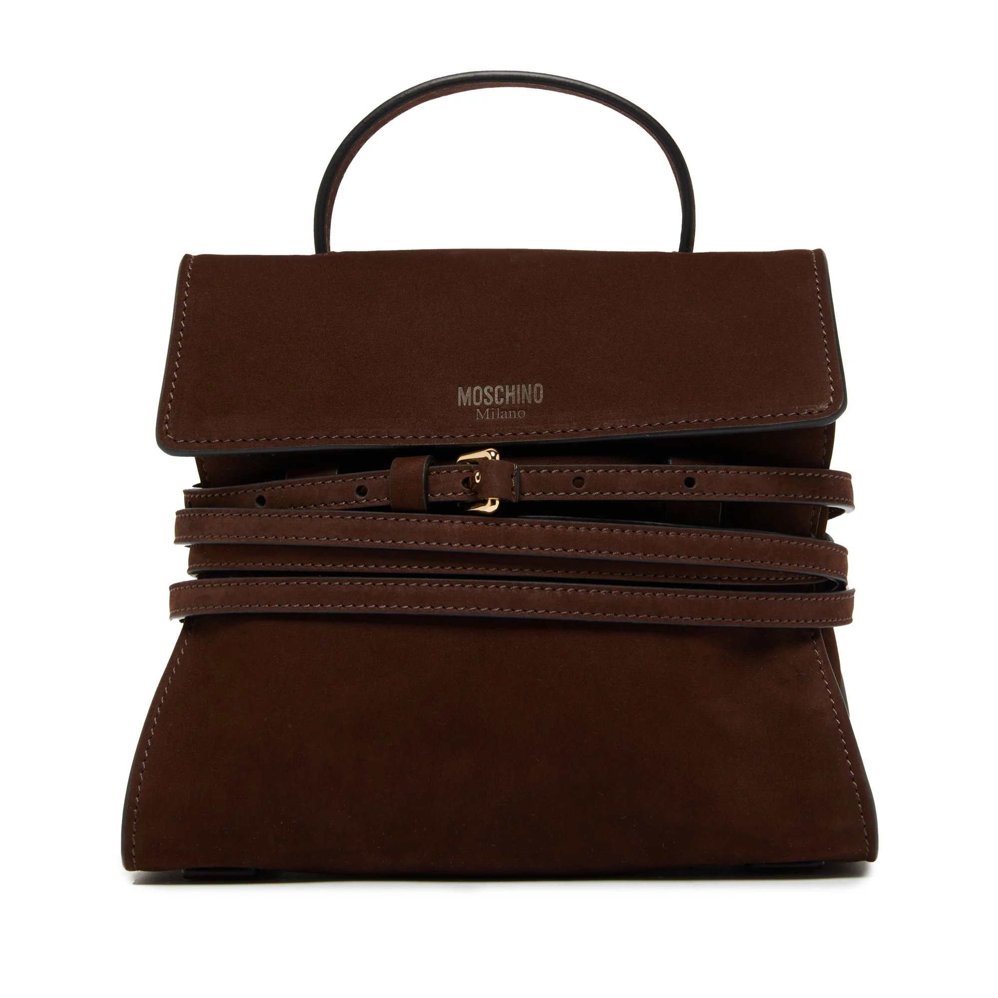 Sac à main en cuir marron avec une poignée en haut, logo Moschino sur le rabat, plusieurs bandes de cuir croisées en façade.