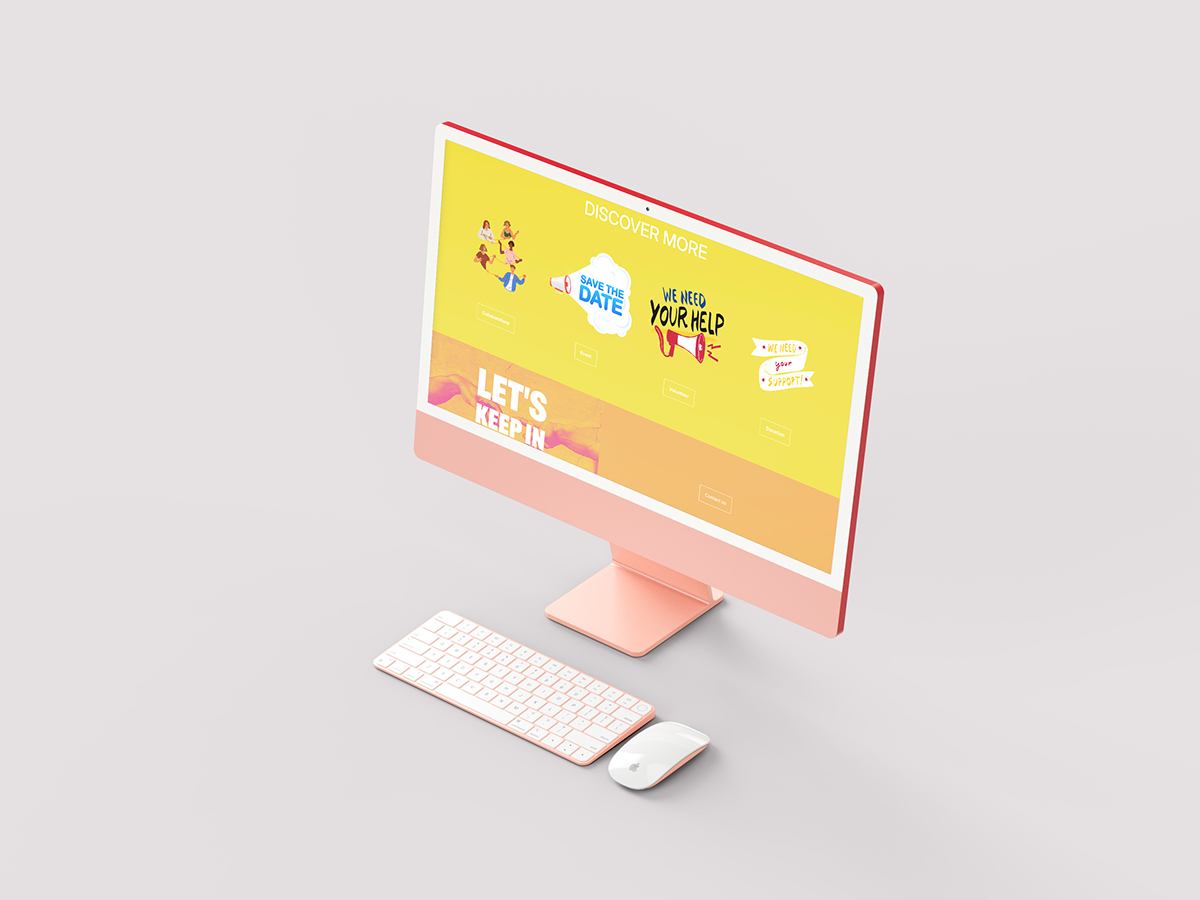 Un ordinateur blanc avec un écran rose montrant un site web coloré contenant des motifs d'illustration, du texte et des boutons. Un clavier blanc et une souris sont placés devant l'ordinateur.